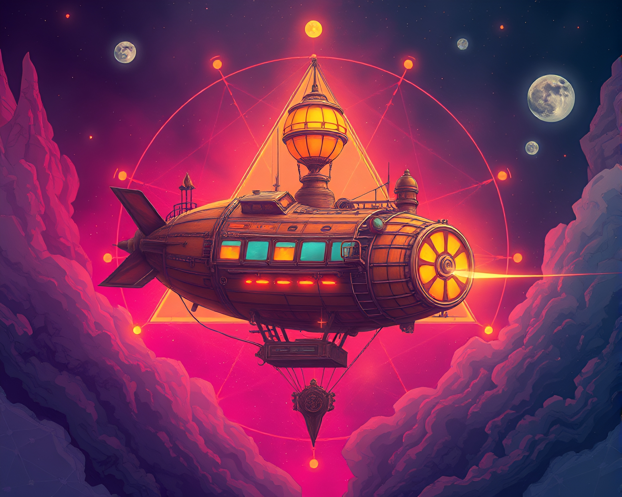 Steampunk Airship in Triadic Colors: Center Composition – free AI stock image