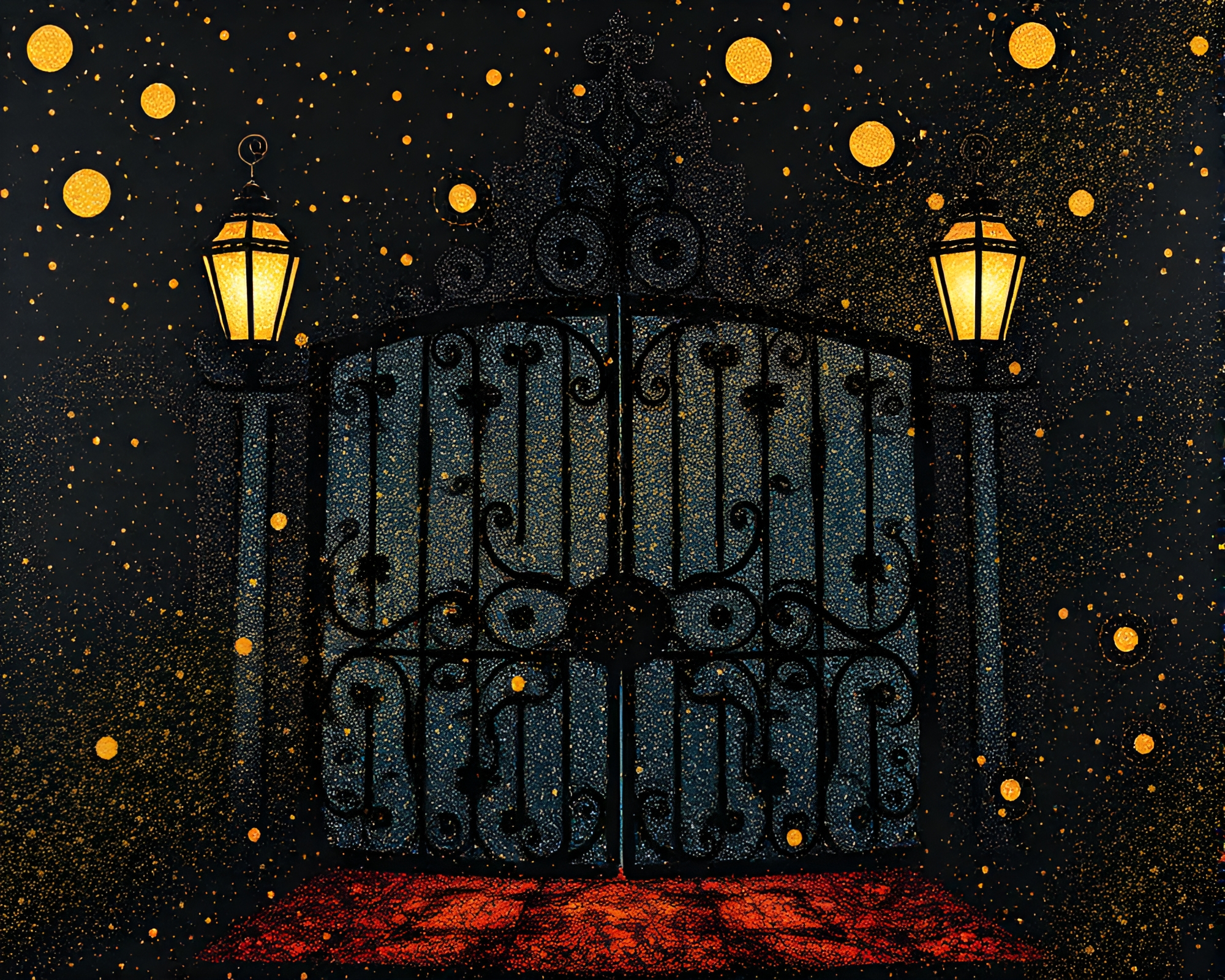 Surrealist Wrought Iron Gate with Glittering Dust Particles – free AI stock image