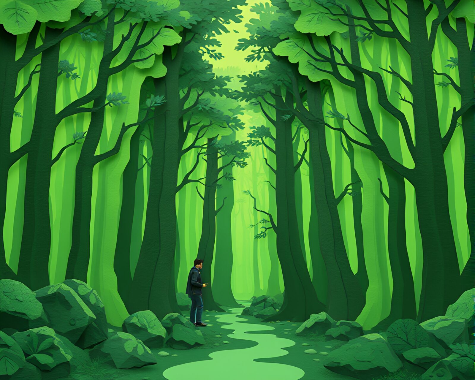 Virtual reality forest-green room with intricate paper textures