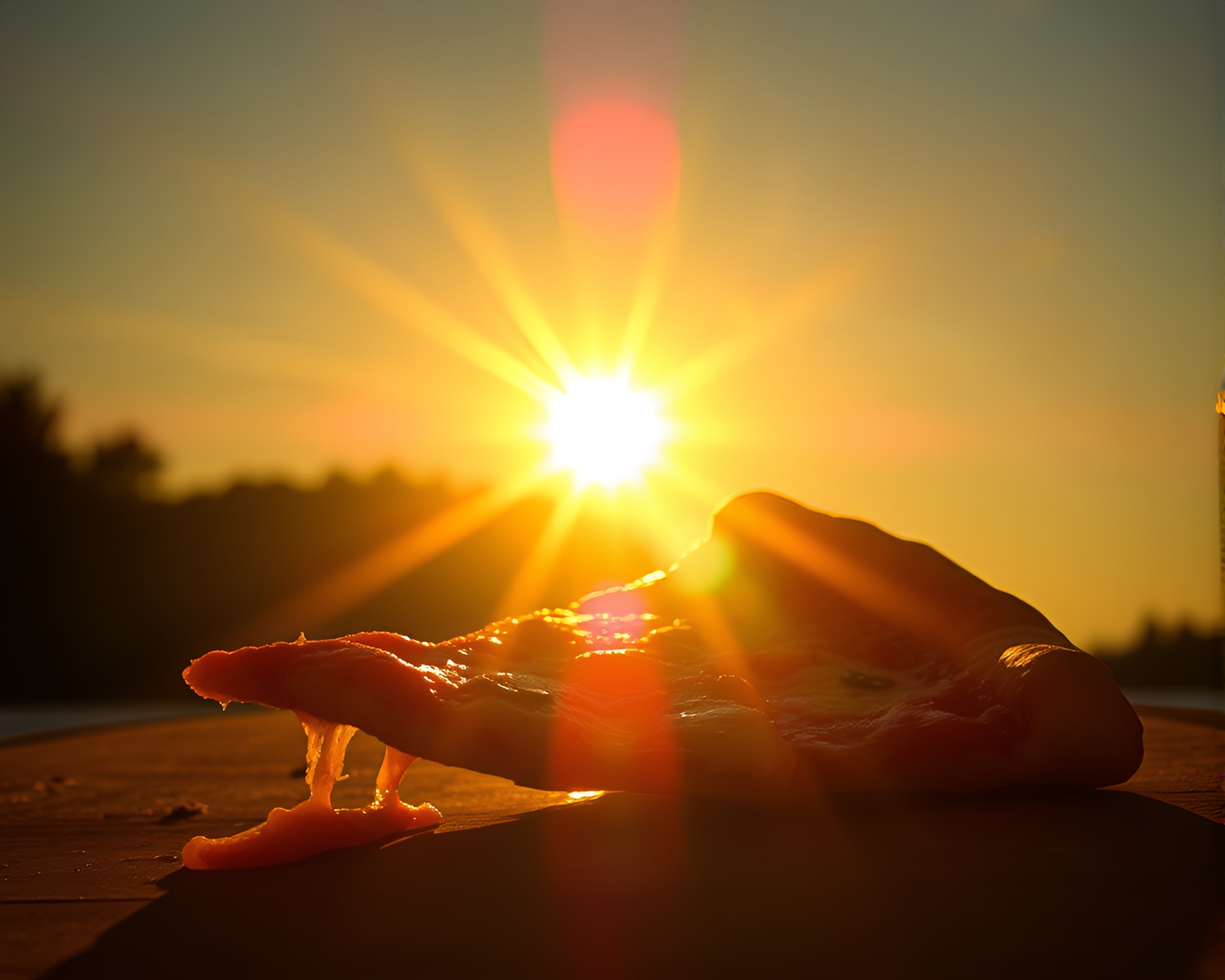 Golden Hour Pizza Slice Lens Sunburst Etching – free AI stock image