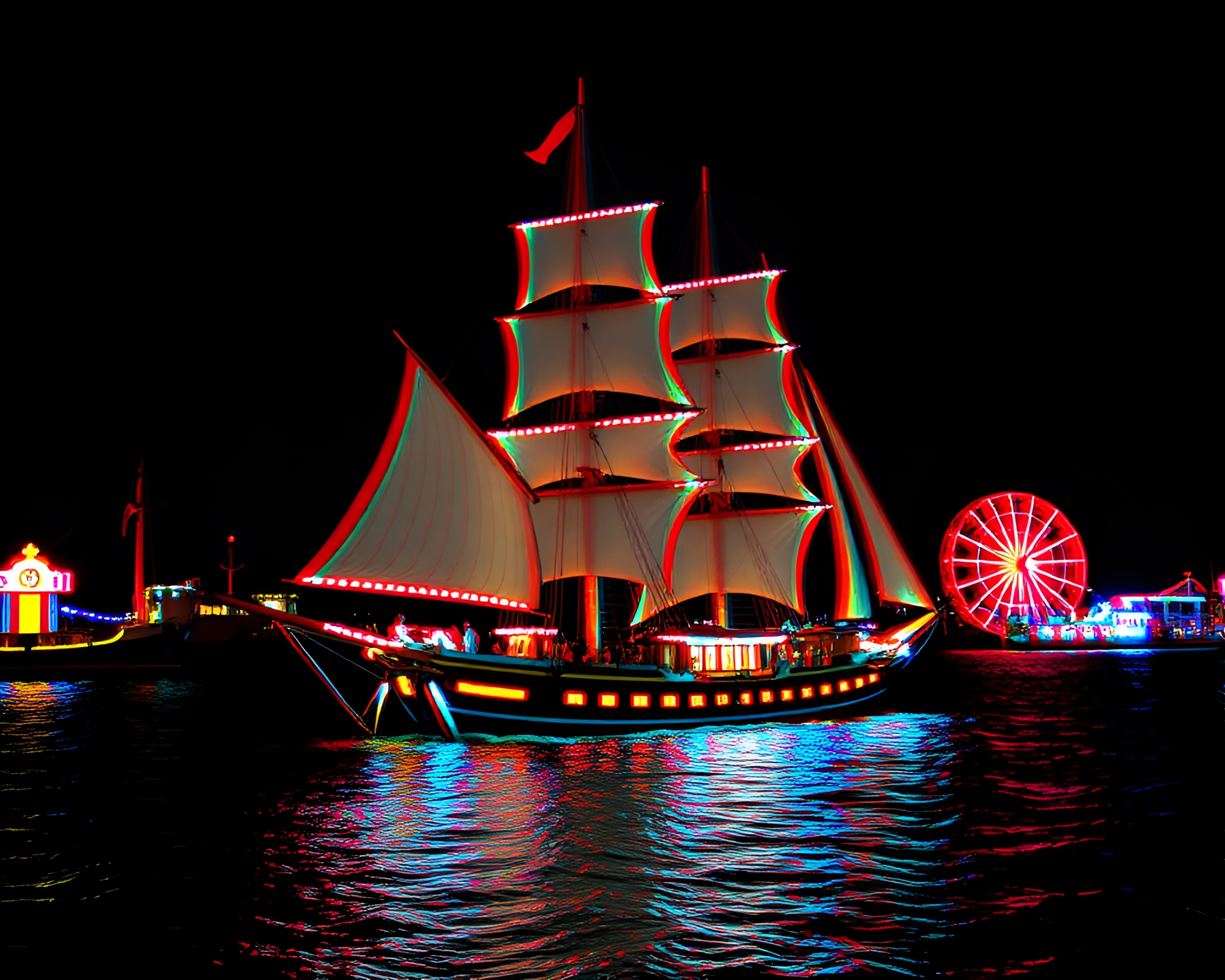 Anaglyph 3D Classic Sailing Ship under Carnival Lights – free AI stock image