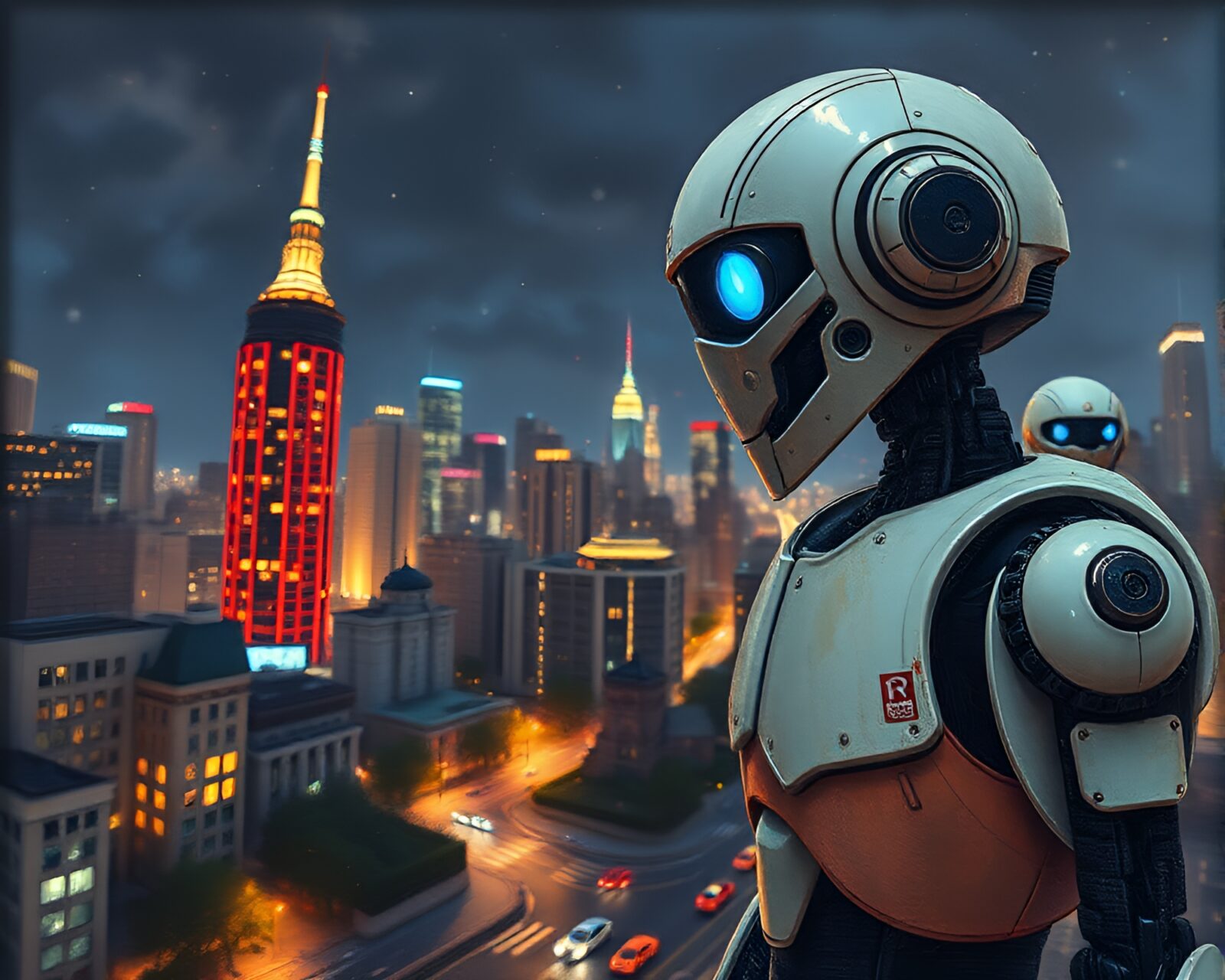 Wide-angle view of robot in illuminated city at night