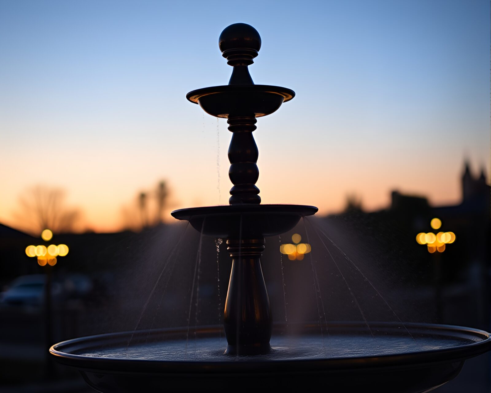 Glistening chocolate fountain surrounded by twilight blue hues