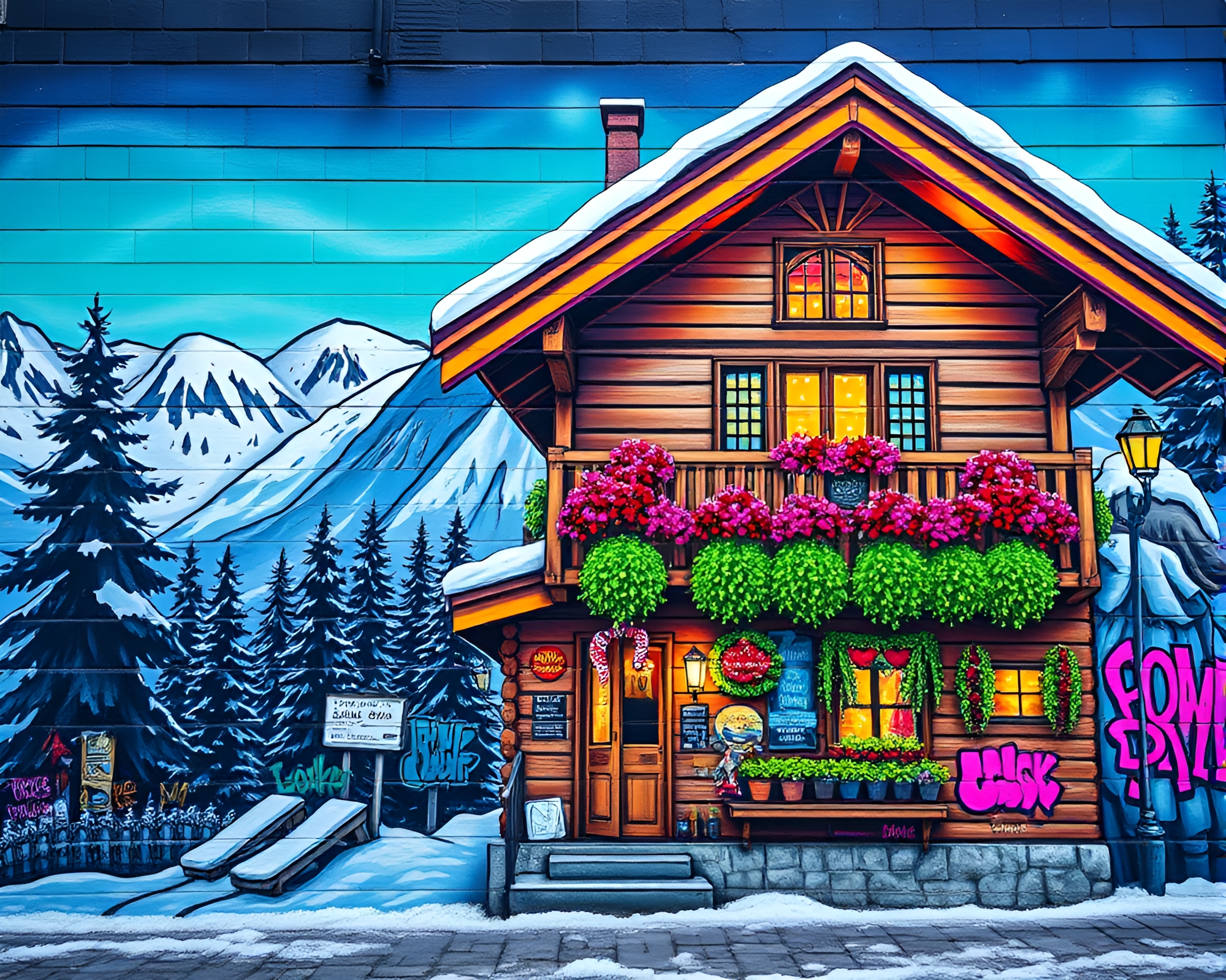 Neon Alpine Chalet Mural Graffiti – free AI stock image