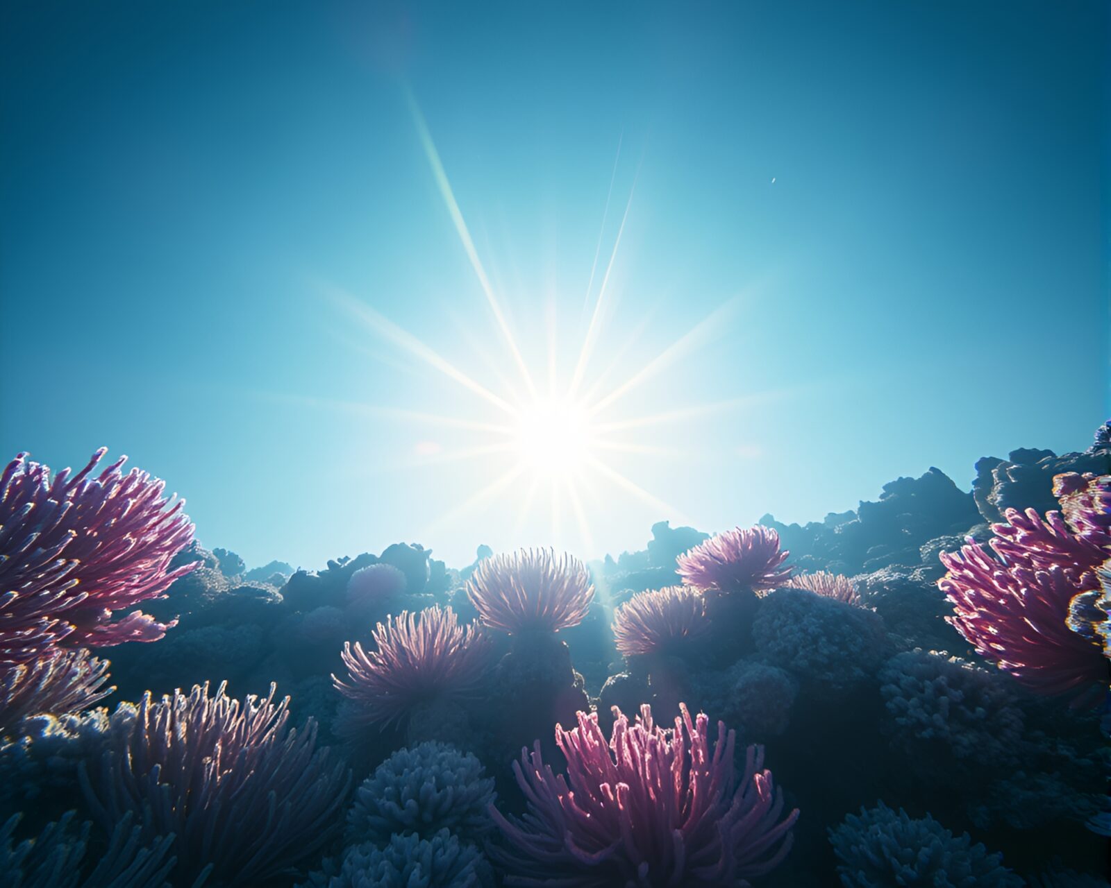 Bright sun rays pierce through hazy underwater coral scene