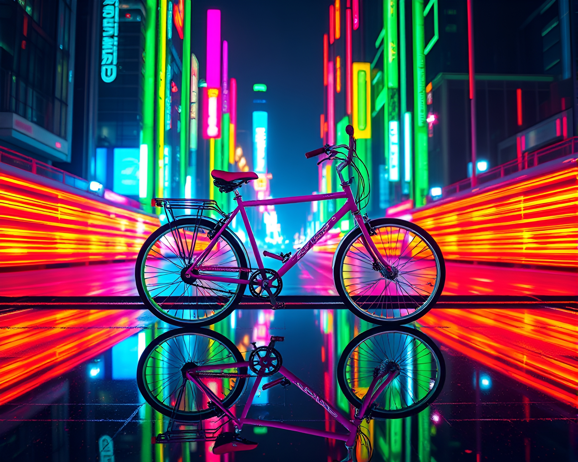 Vibrant Neon Double Reflection Bicycle Cybernetic Scene – free AI stock image