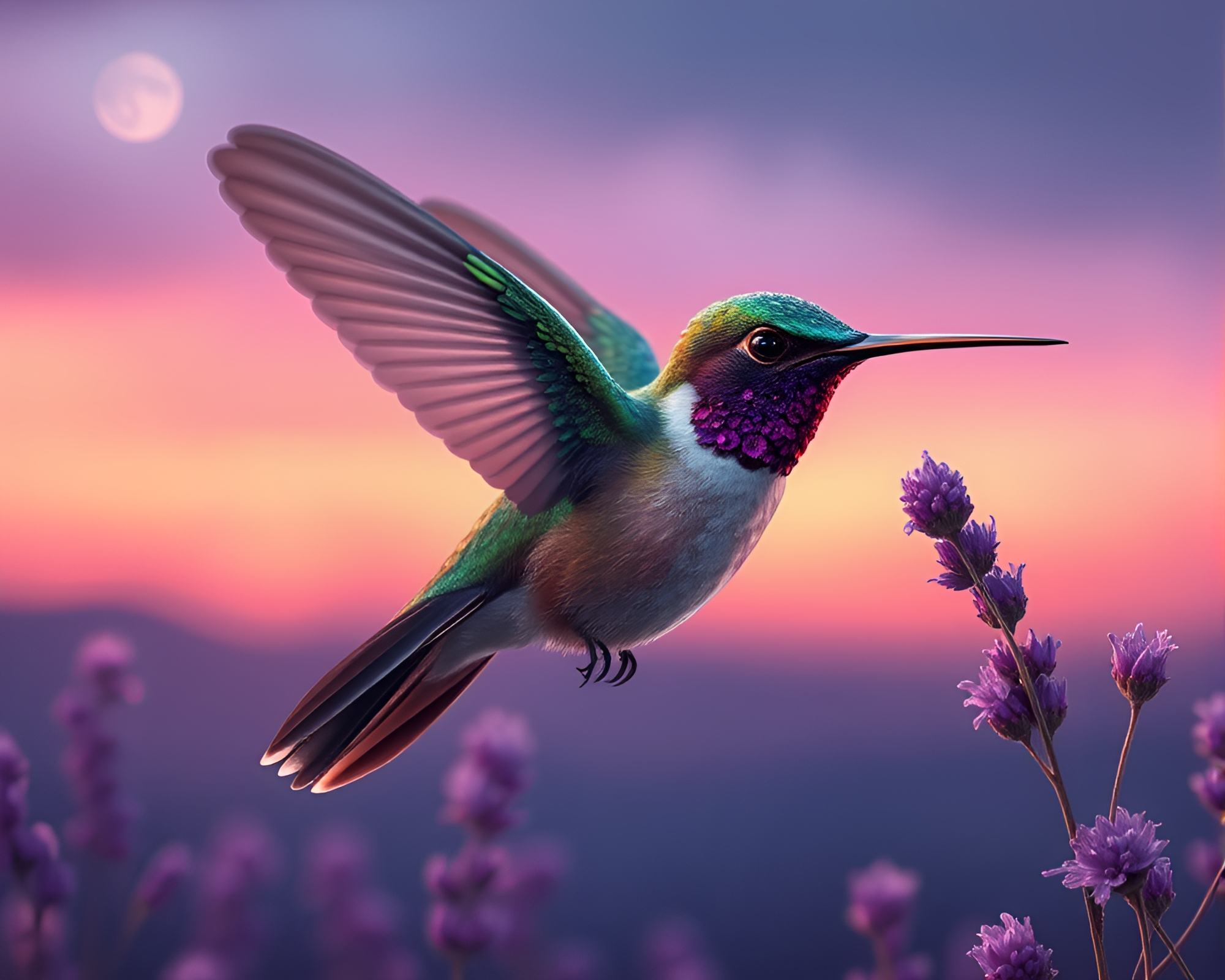Bronze Patina Hummingbird in Lavender Twilight – free AI stock image