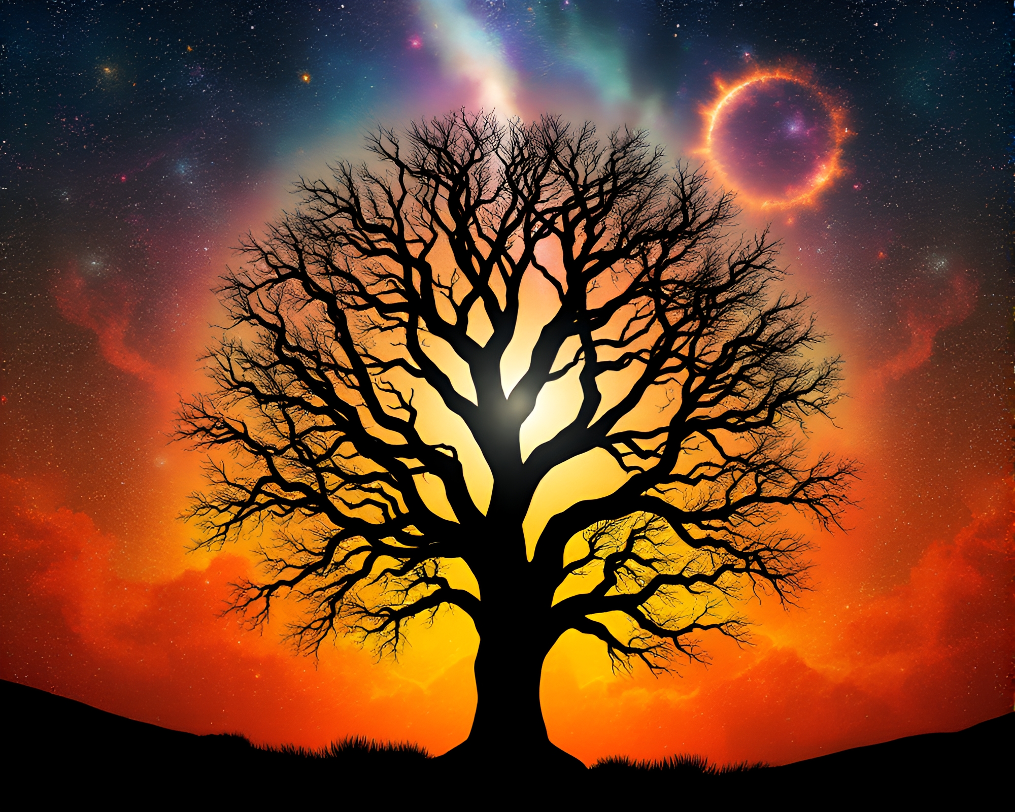 Ethereal Multiverse Portal Through Surreal Tree Ring Silhouettes – free AI stock image