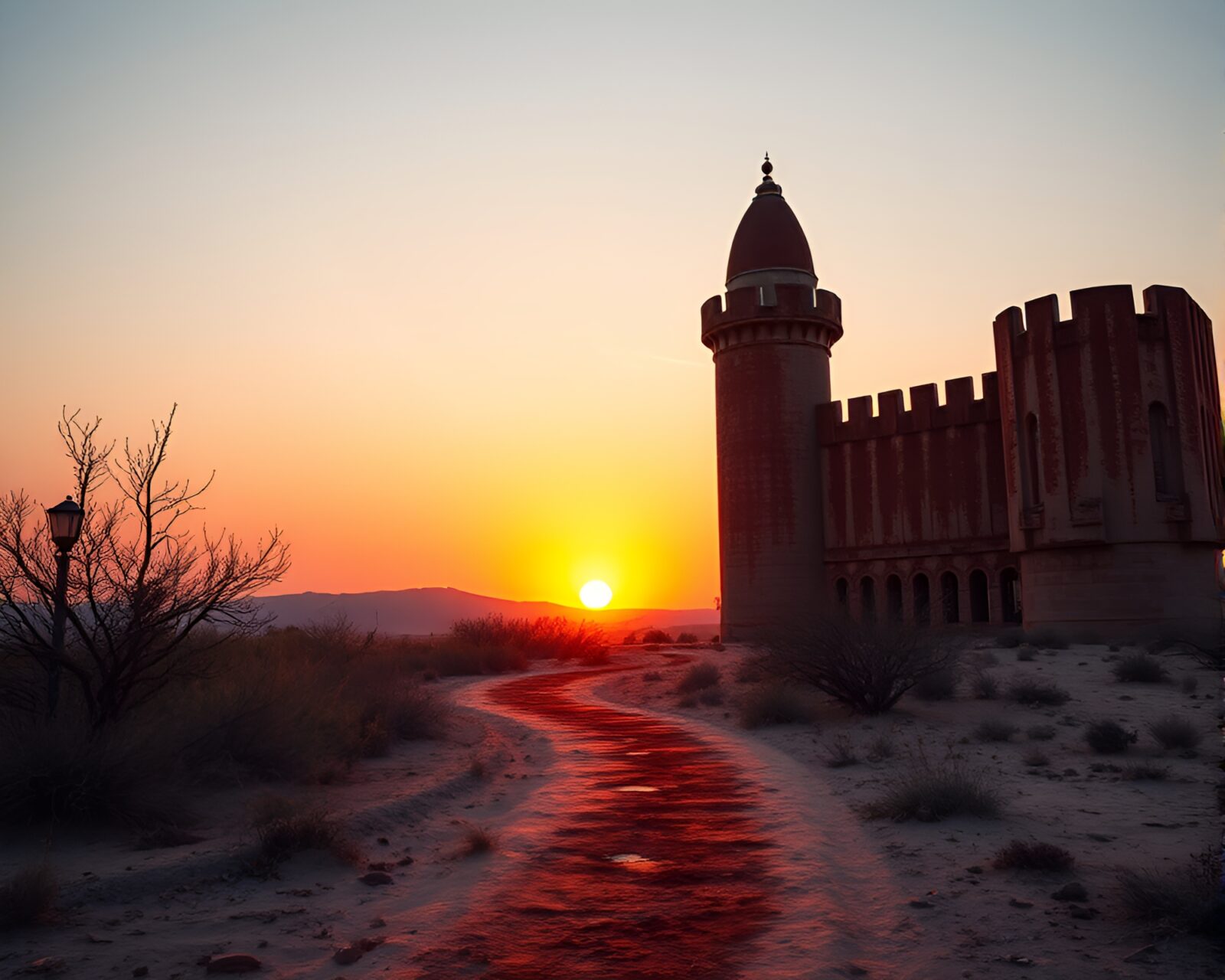 Vivid sunset illuminating rust-streaked walls of abandoned fortress