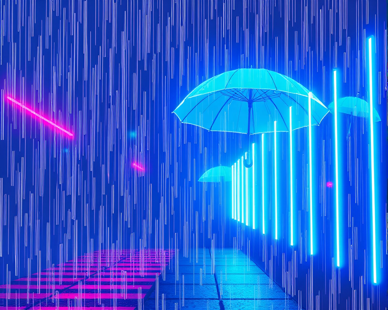 Vibrant neon umbrella with light streaks on black background
