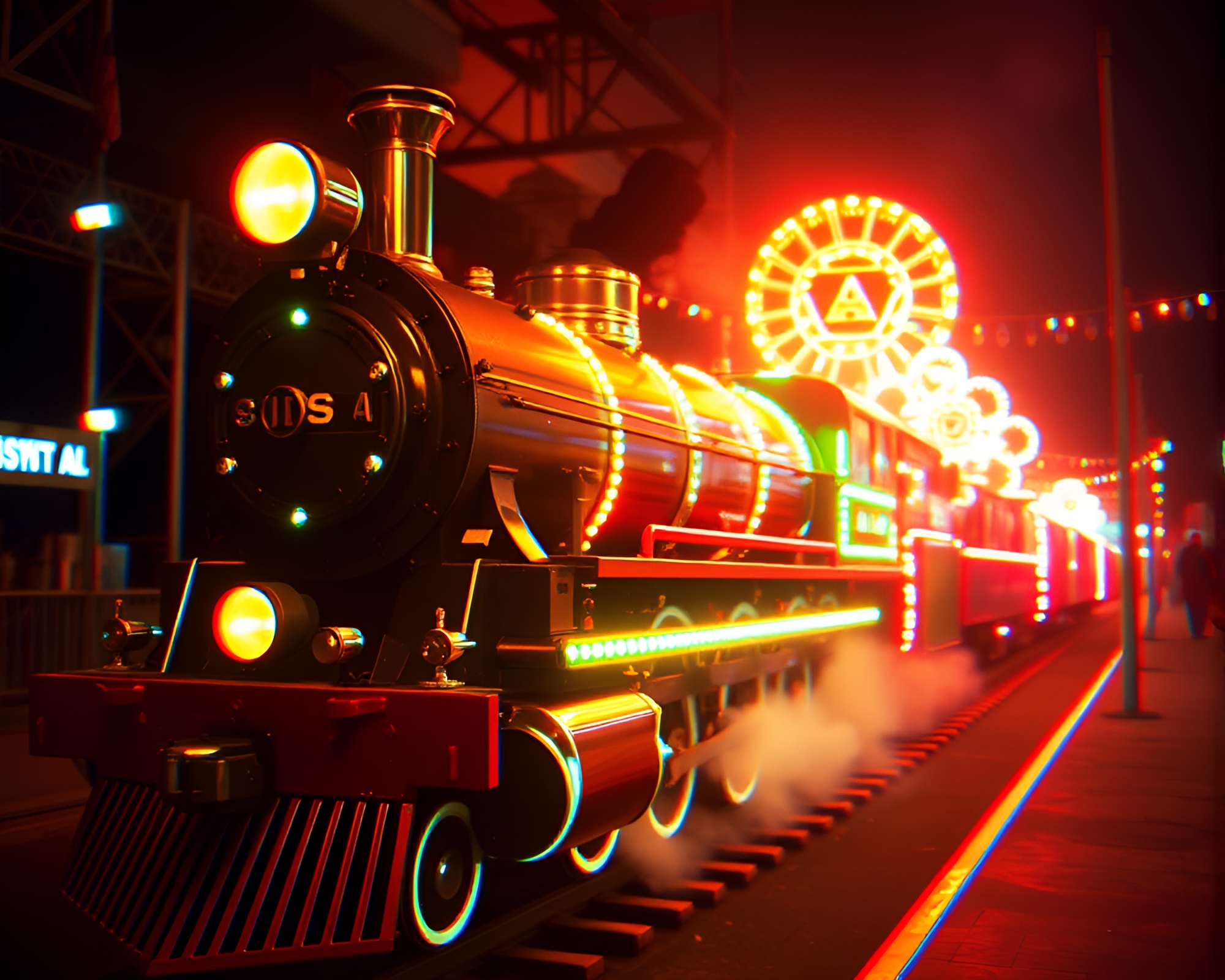 Holographic Steam Locomotive Carnival Ride – free AI stock image