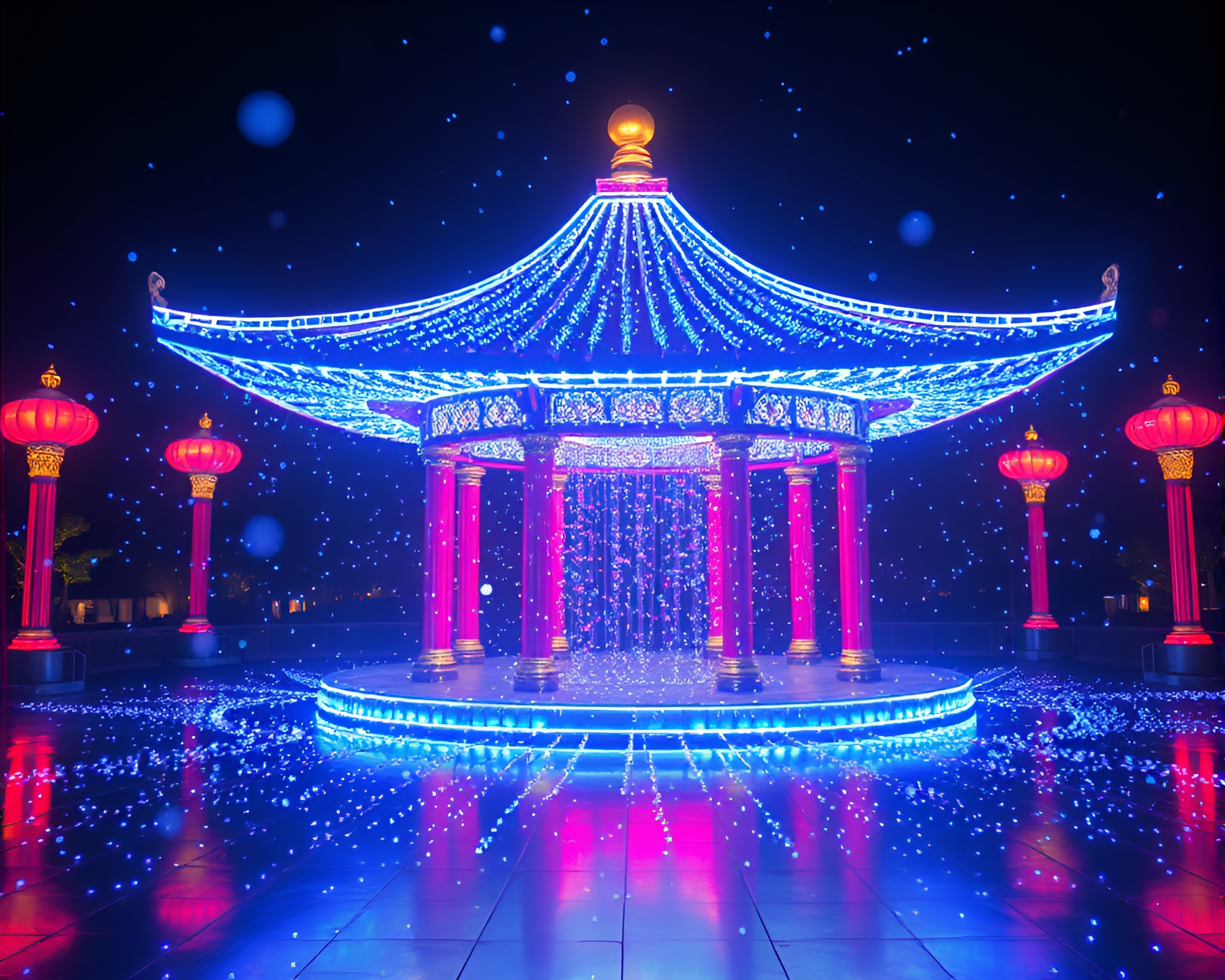 Ethereal Floating Pavilion with Holographic Particles – free AI stock image