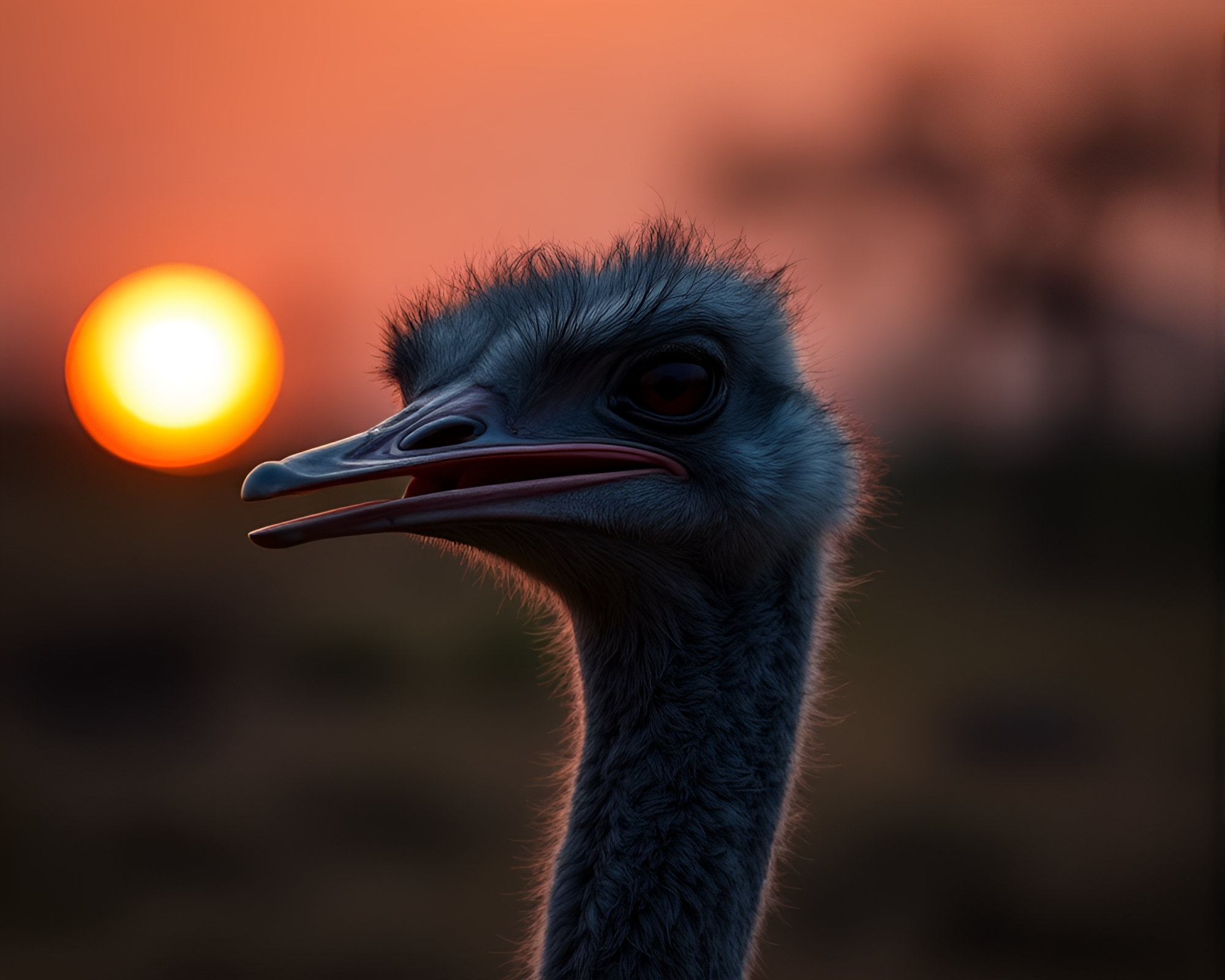 Chiaroscuro Ostrich Portrait at Golden Hour Dusk – free AI stock image