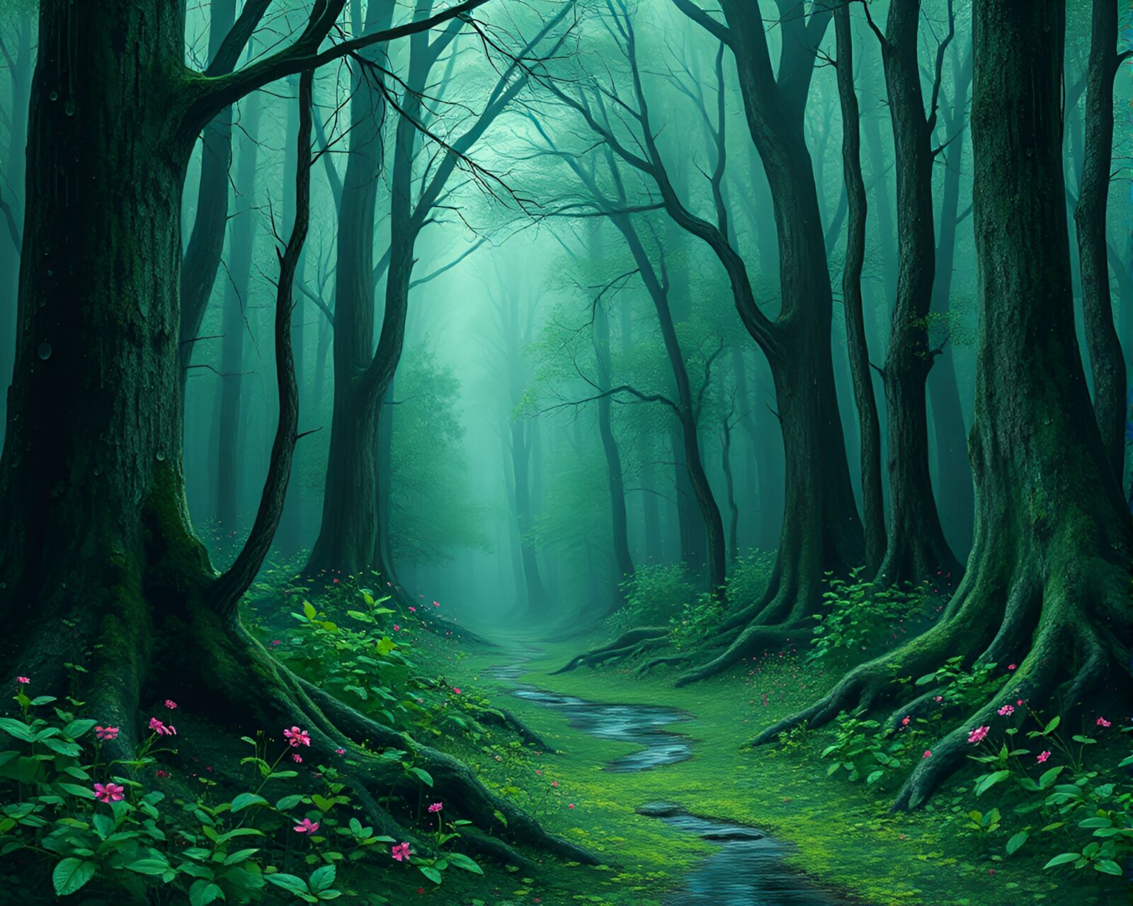 Abstract art of enchanting green forest with glowing dew drops