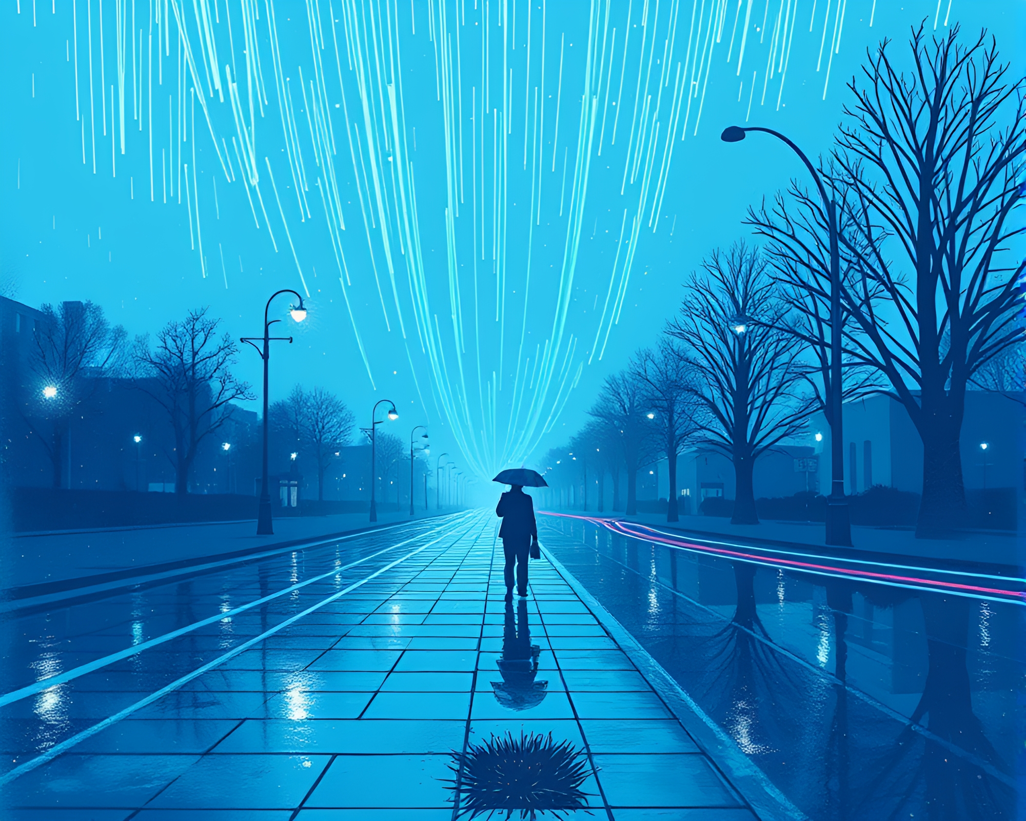 Surreal Umbrella Light Trails Illustration – free AI stock image