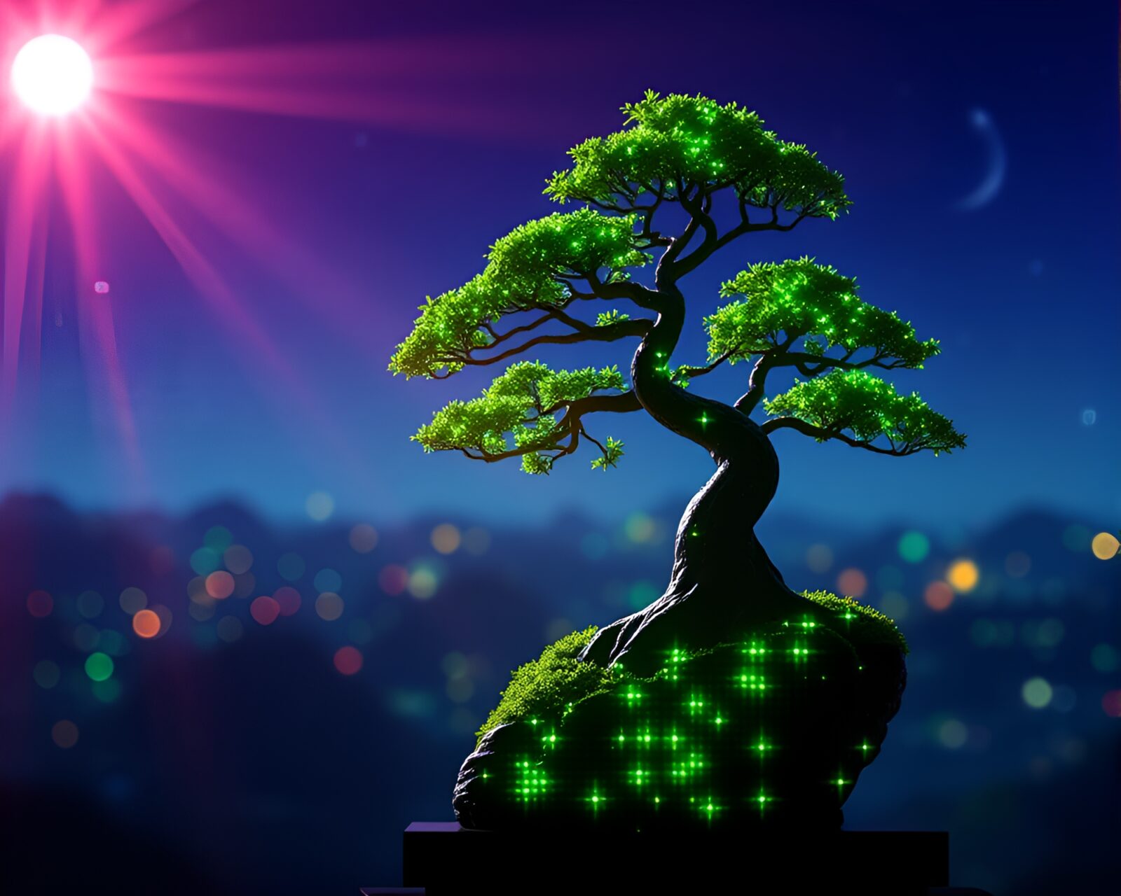 Surreal bonsai tree under vibrant LED pixel grid glow