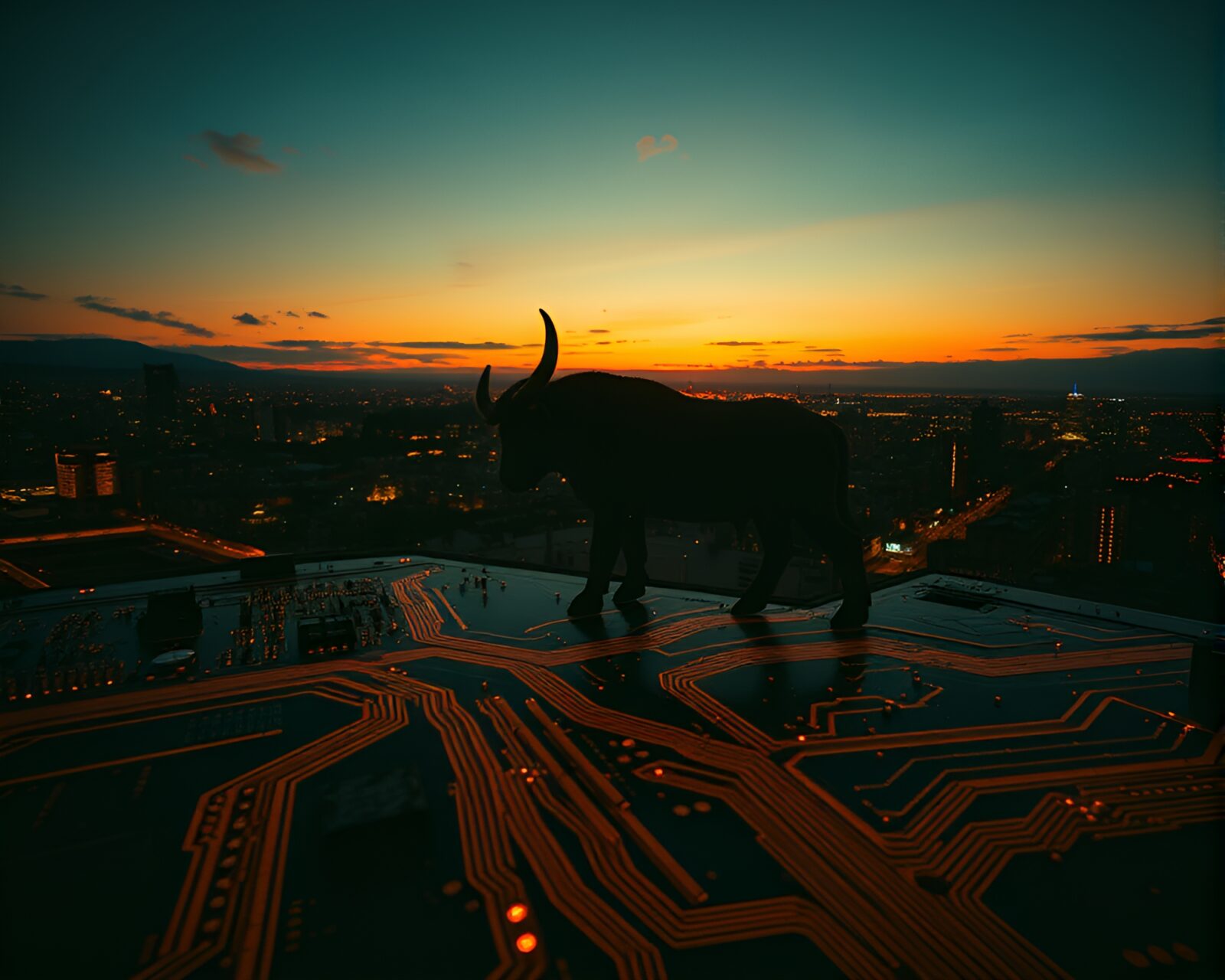Stereograph showing Minotaur at twilight over circuit board