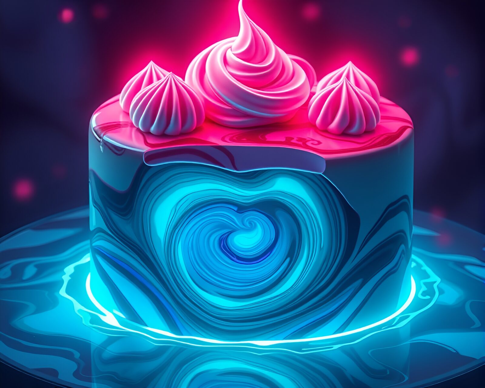 Vibrant anime style scene of a marbled cake surrounded by swirling neon water