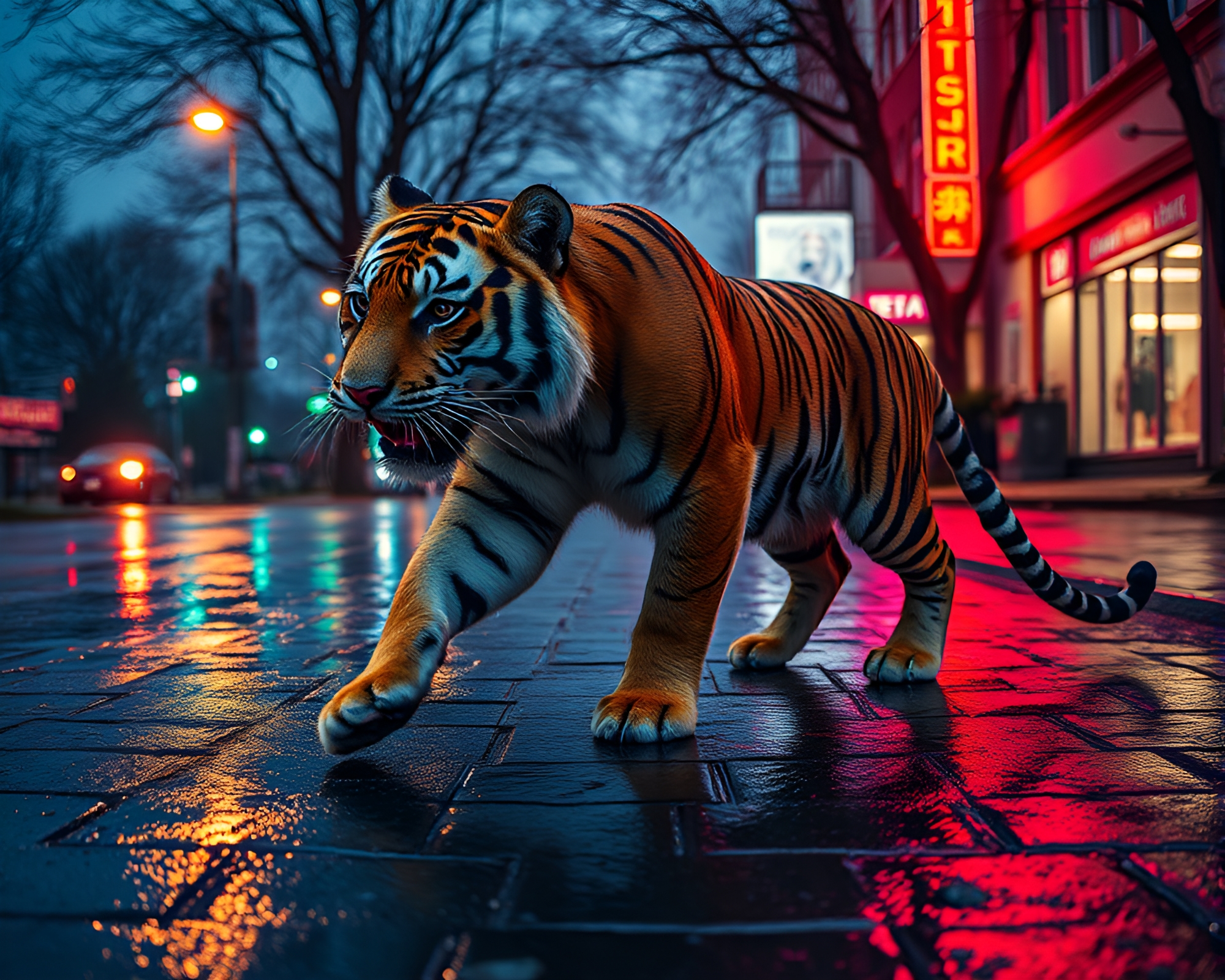 Tiger Stalking on Surreal Wet Pavement – free AI stock image