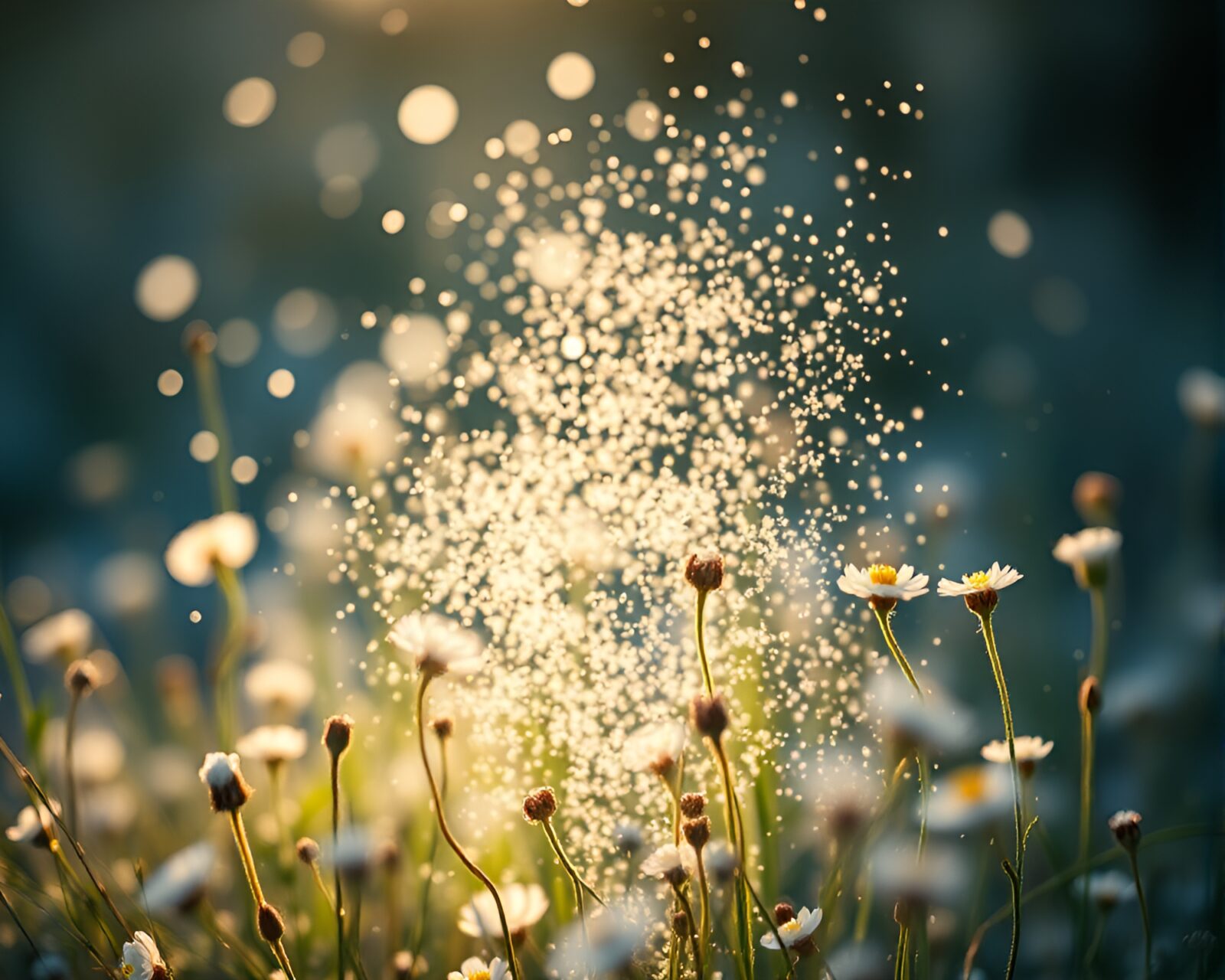 Winter scene of blooming flowers under snow-kissed light