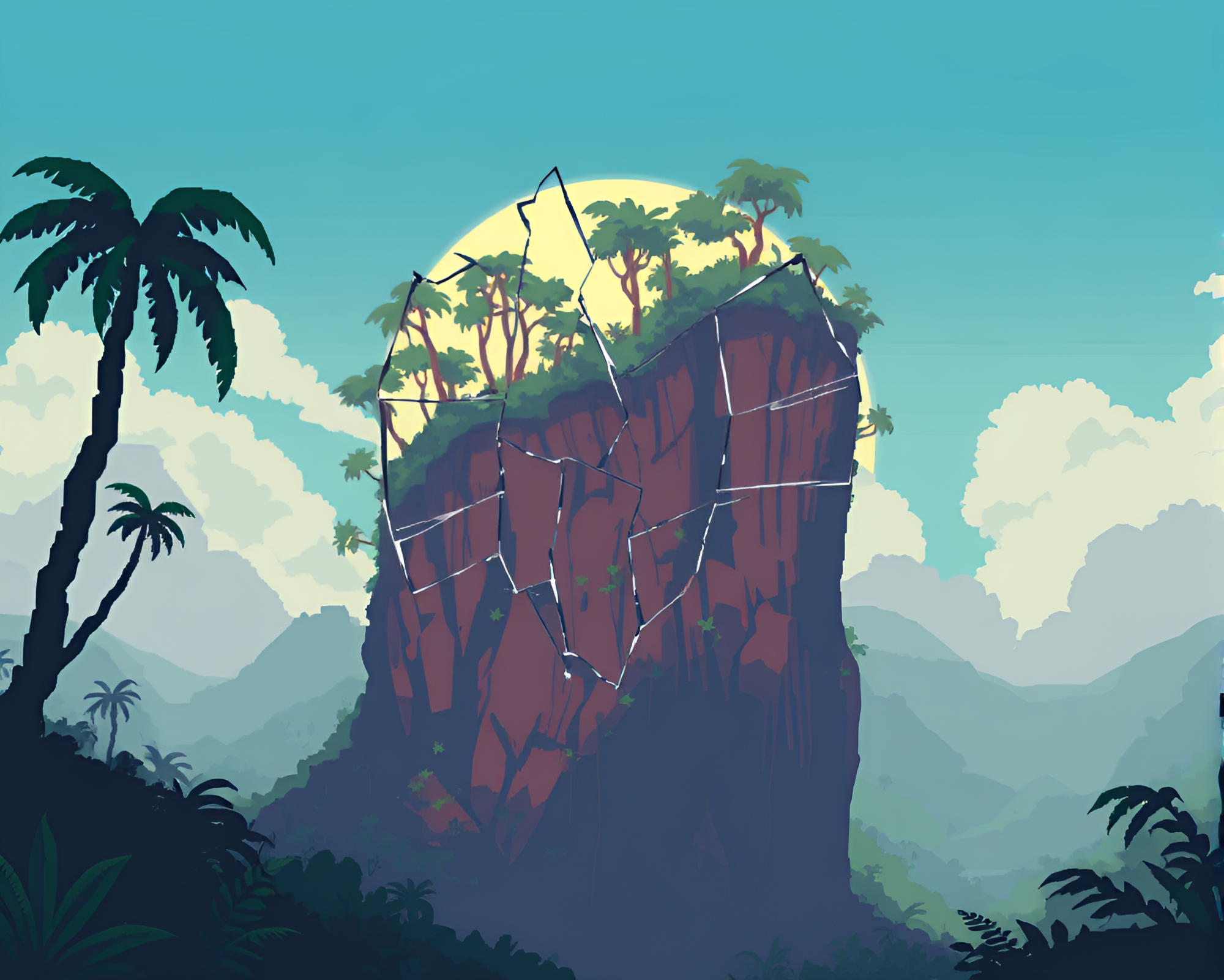 Jungle Cliffside Broken Glass Pixel Art Reflection – free AI stock image