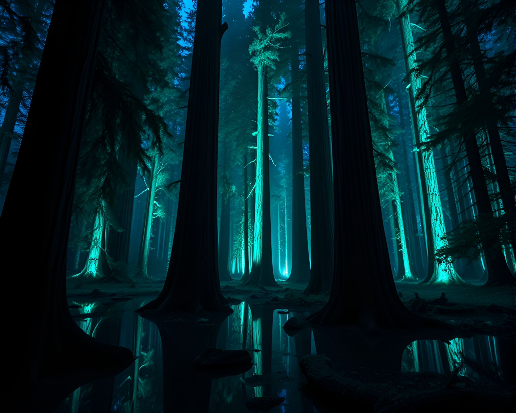 Glowing Redwood Tree in Dystopian Cityscape – free AI stock image