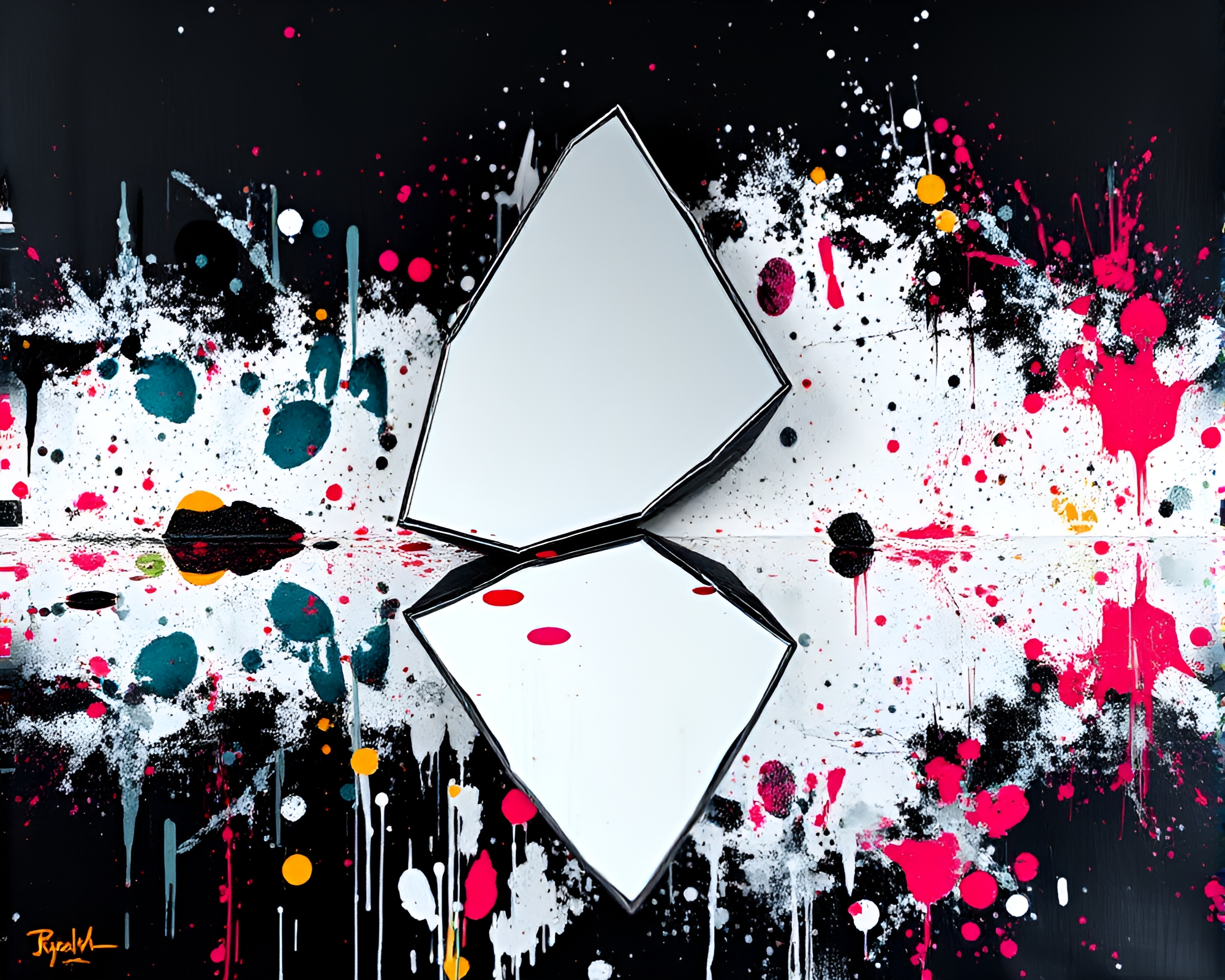 Siren’s Reflection in Shattered Mirror with Paint Splatter Palette – free AI stock image