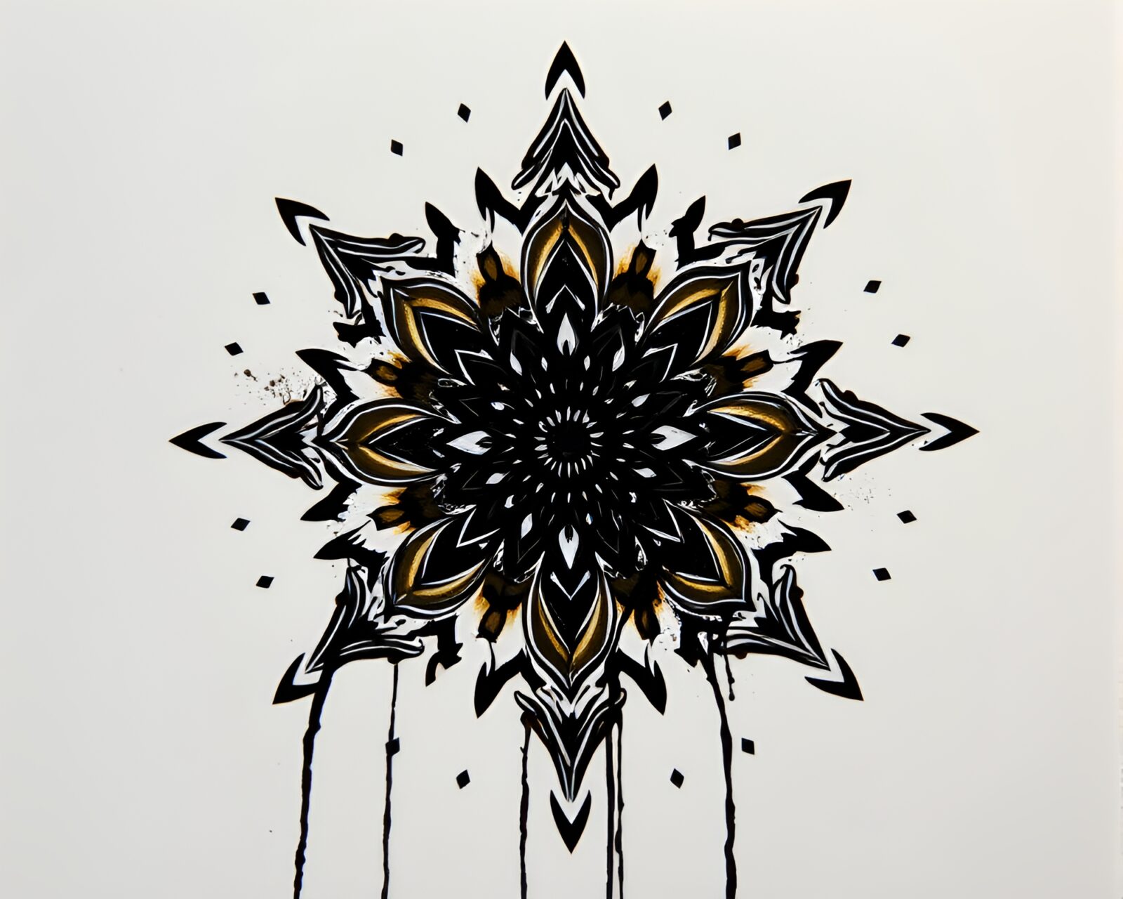 Abstract mandala design with ink wash drips and shadows