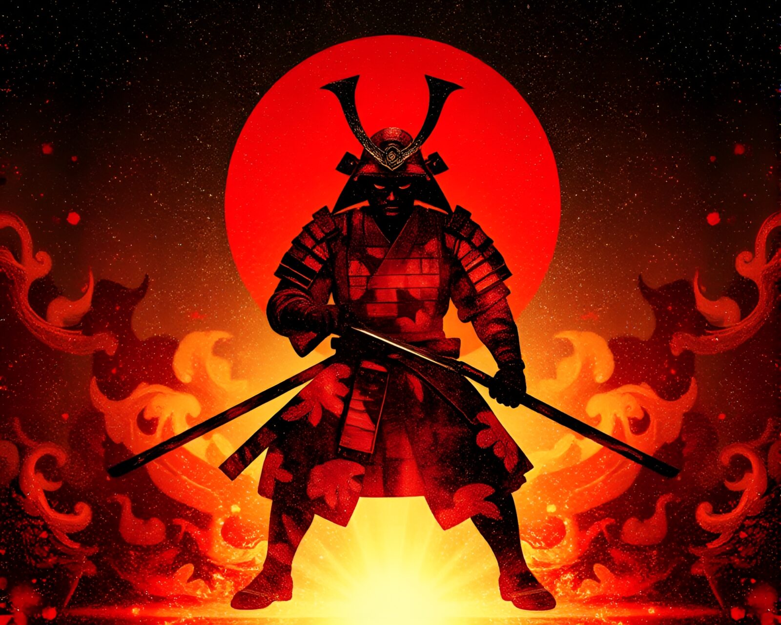 Shadowy samurai with iridescent glow in surreal art style