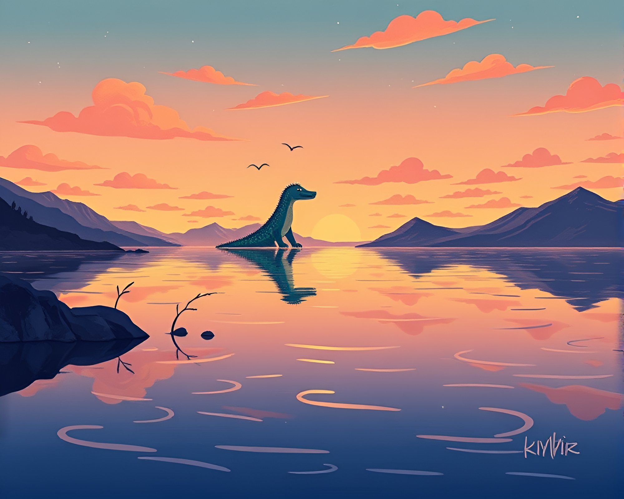 Surreal Hydra Reflection in Children’s Illustration Style – free AI stock image