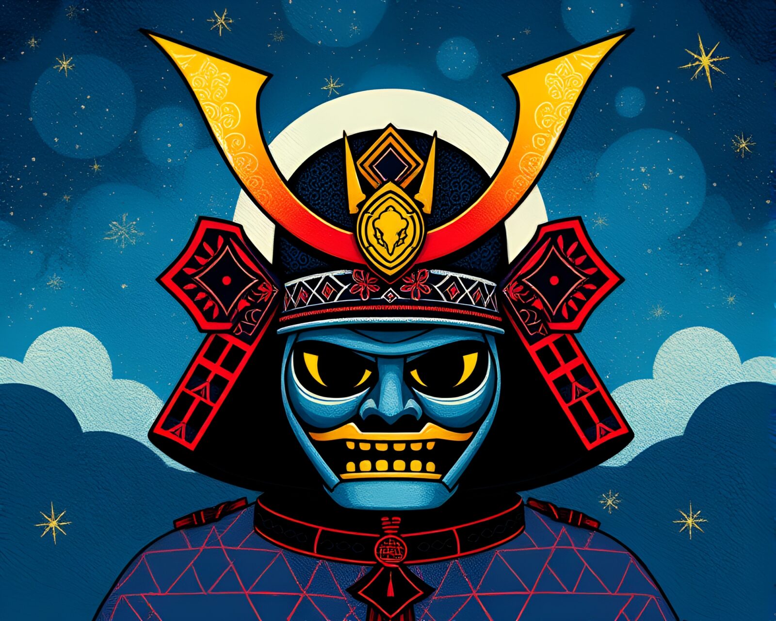 Colorful children's book style illustration of a samurai helmet under a starry sky