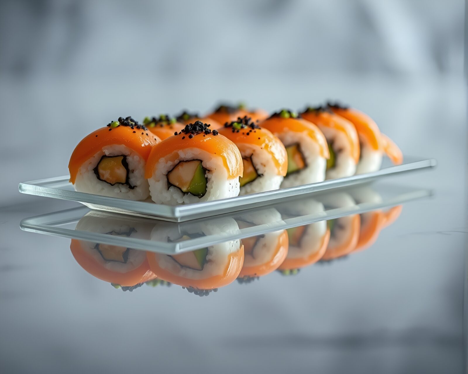 Sushi pieces elegantly arranged on reflective surface in motion