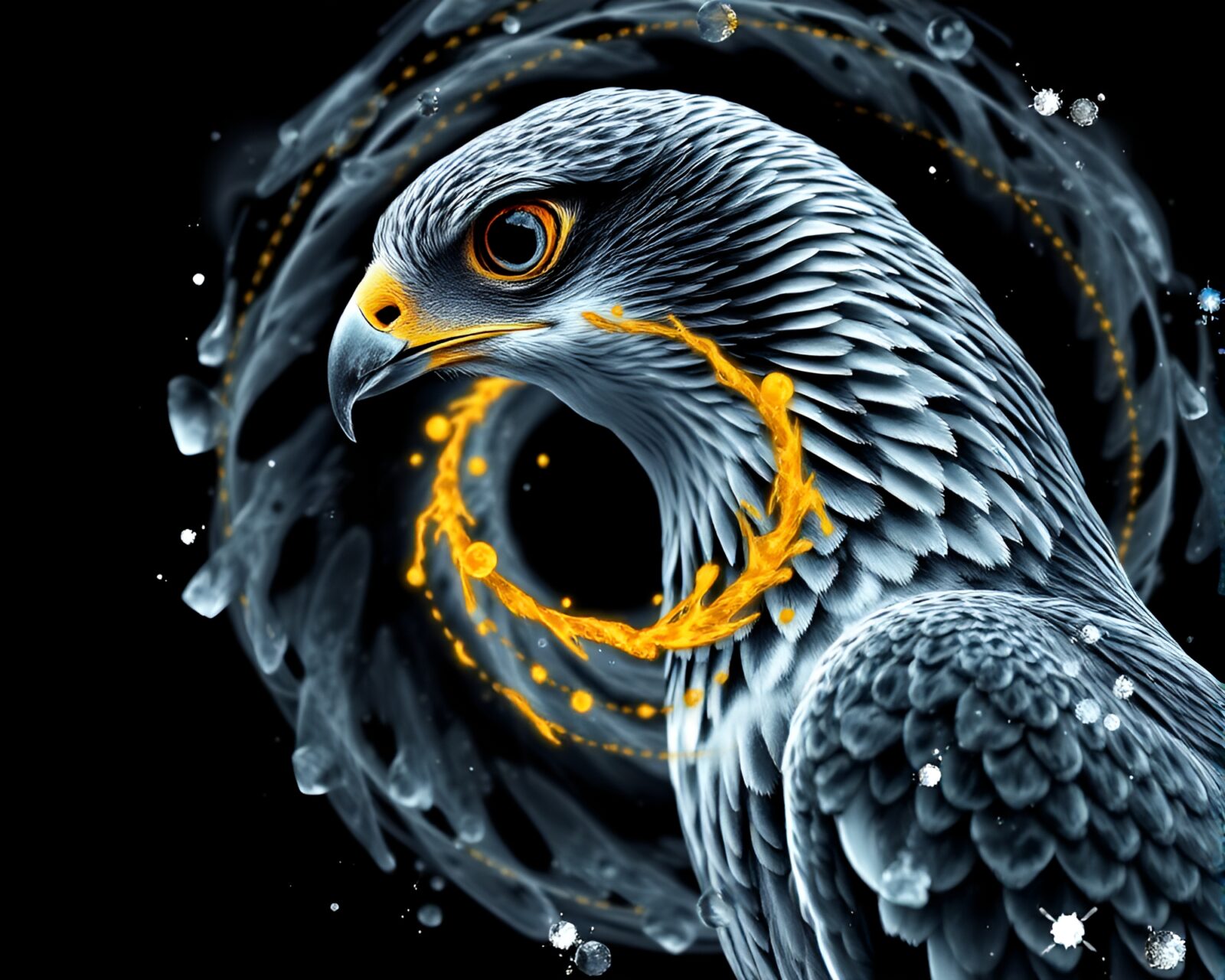 Black and white image of a falcon in an ice-blue tinted sky framed in a golden spiral composition