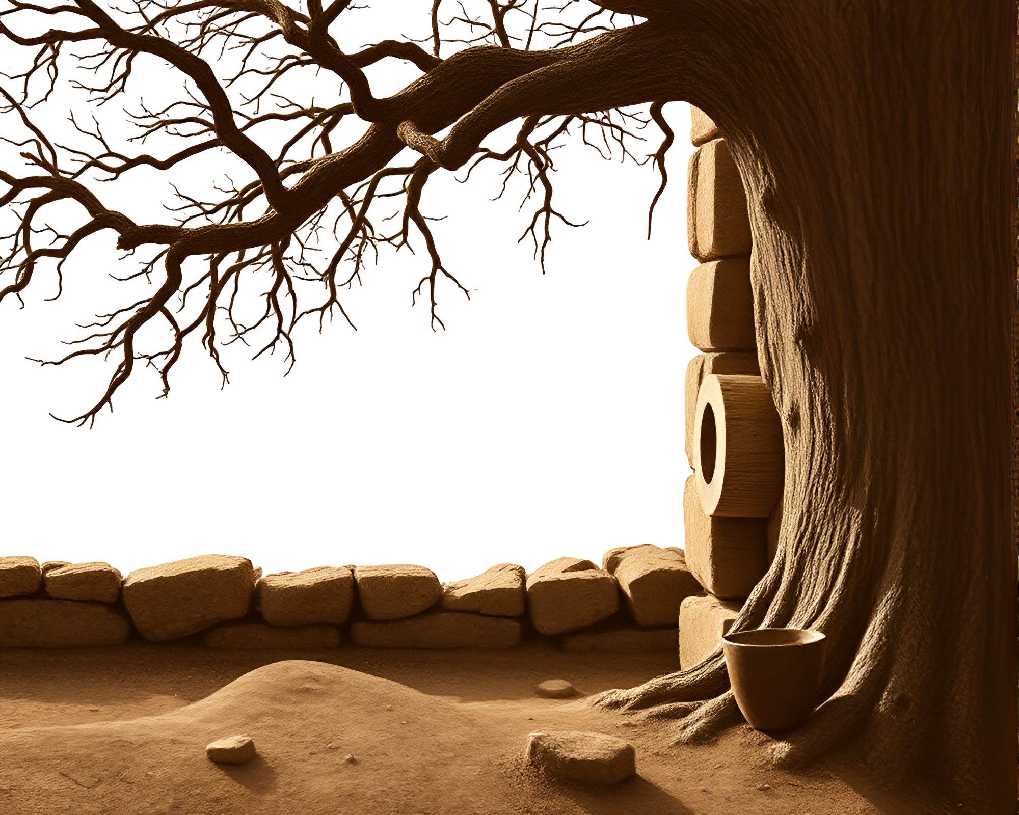 Ancient Tree with Beadwork Accents in Sepia Tone – free AI stock image