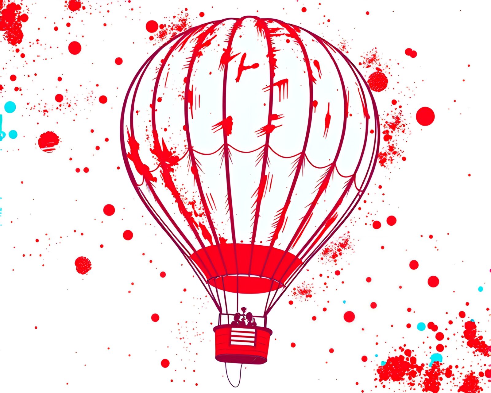 Acrylic spatters in duotone red-blue hot air balloon scene