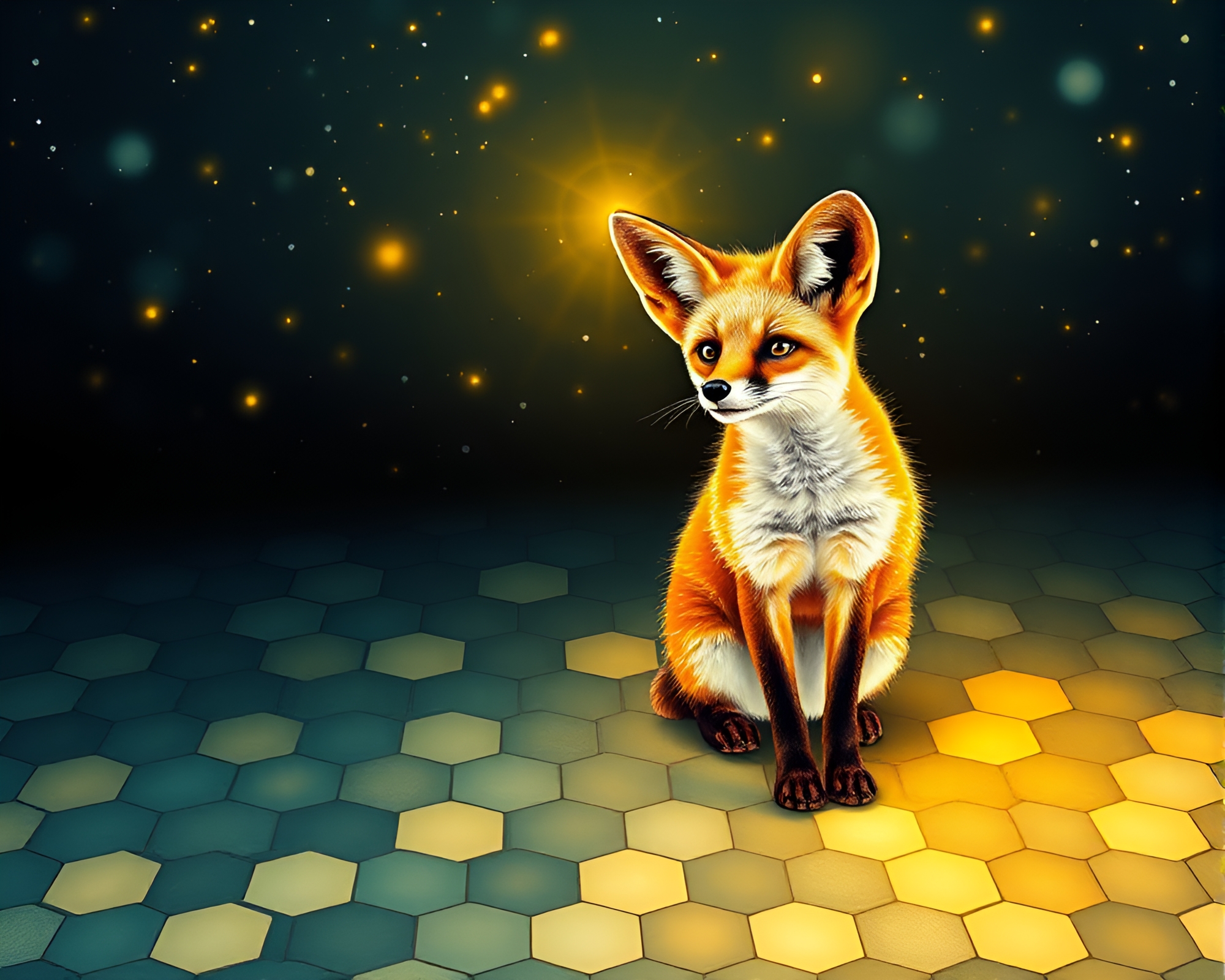 Hexagonal Tiling Illuminated by Torchlit Fennec Fox in Pointillism – free AI stock image