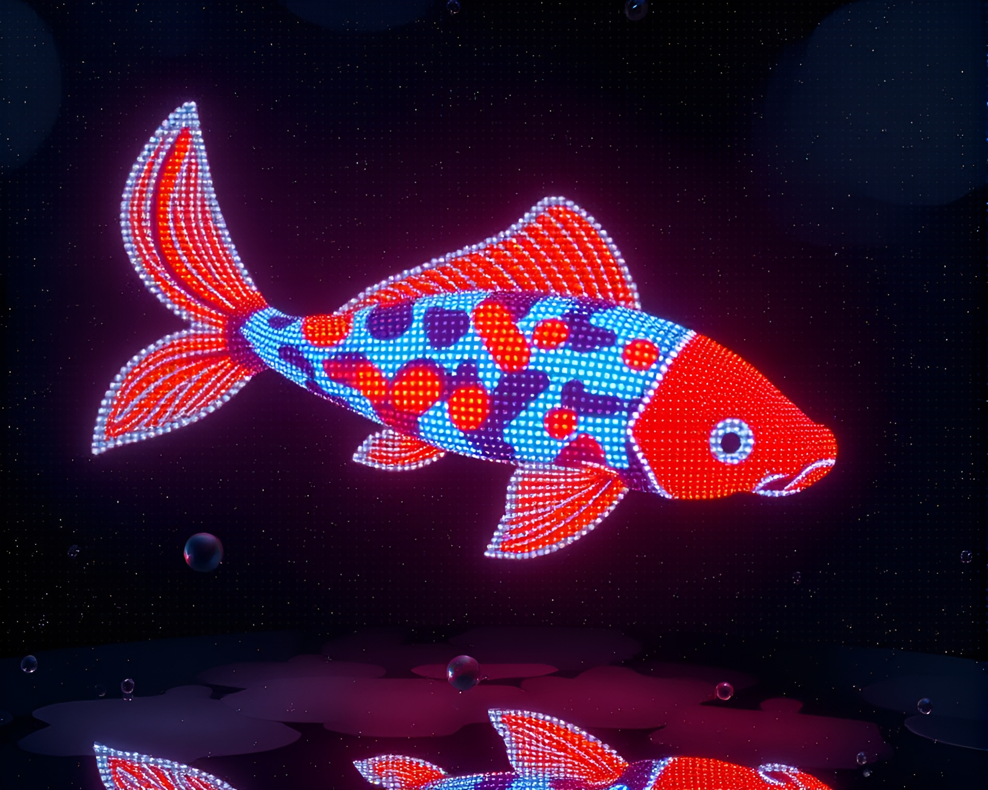 LED Pixel Grid Illuminates Misty Koi Fish Pond – free AI stock image