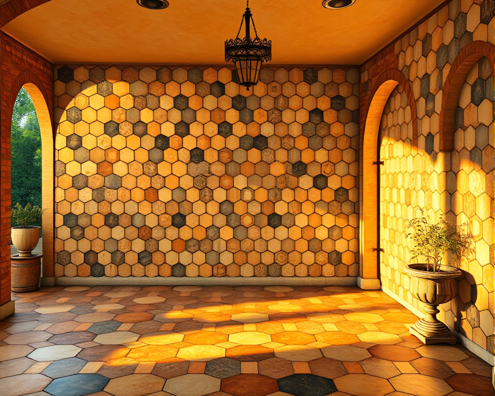 Intricate mosaic of tessellating hexagons in warm porch light