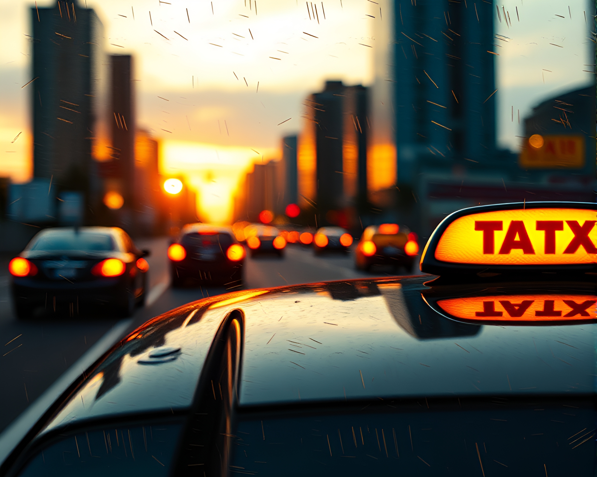 Golden Hour Hover Taxi in Grainy Scratch Textures – free AI stock image