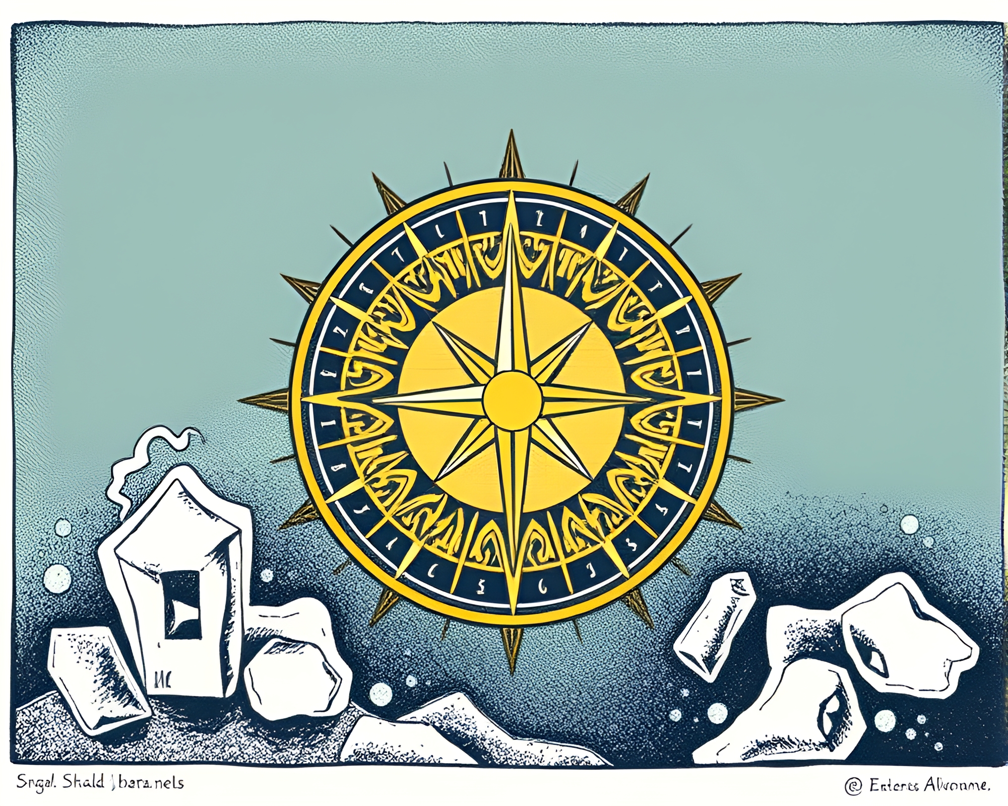 Ice Crystal Sundial in Savannah Gold Woodcut Print – free AI stock image