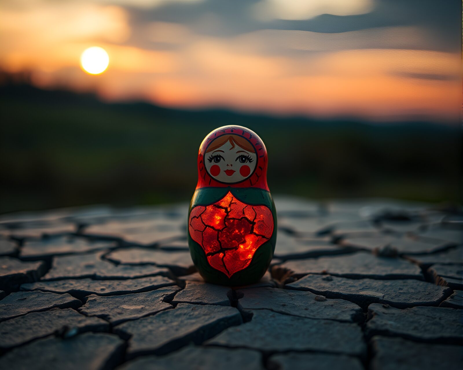Matryoshka nested on cracked earth at twilight