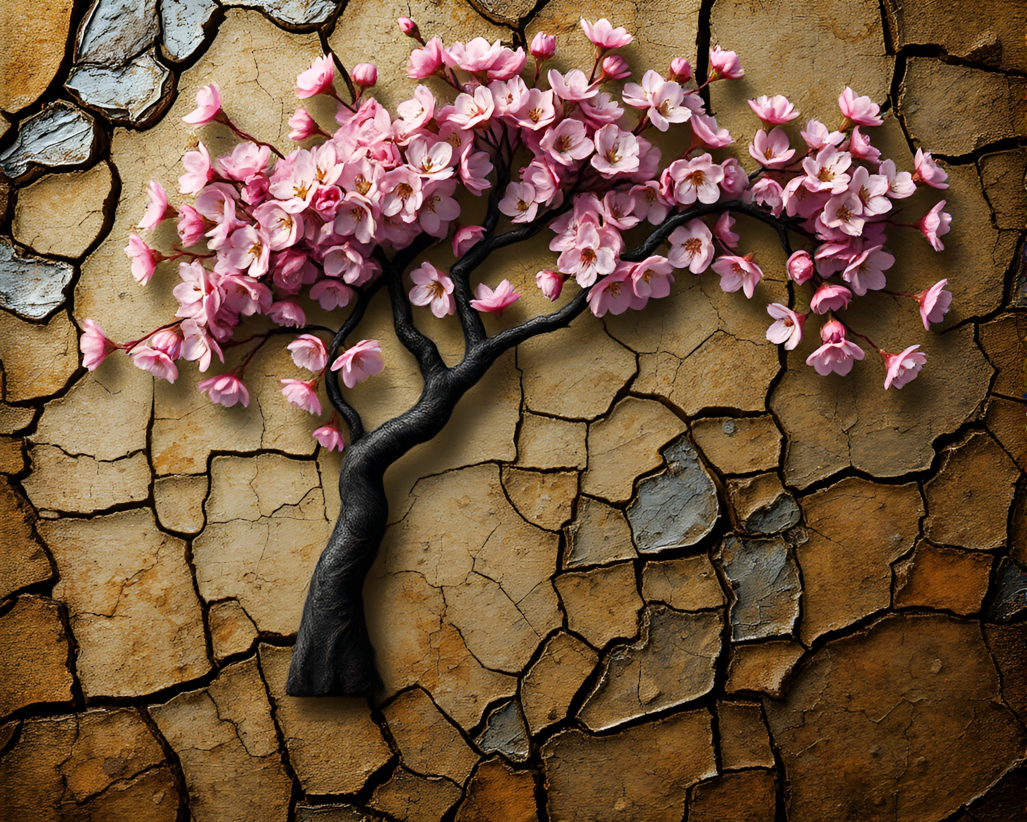 Cracked Earth Cherry Blossom Tree Toon Shading Composition – free AI stock image