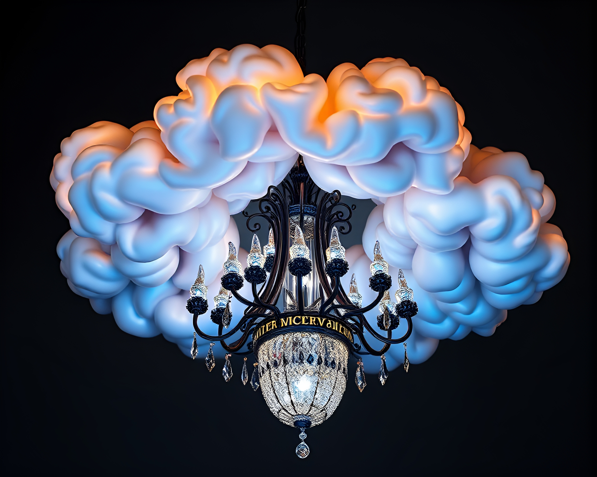 Gothic Chandelier Illuminated by Steel-Blue Hologram Clouds – free AI stock image
