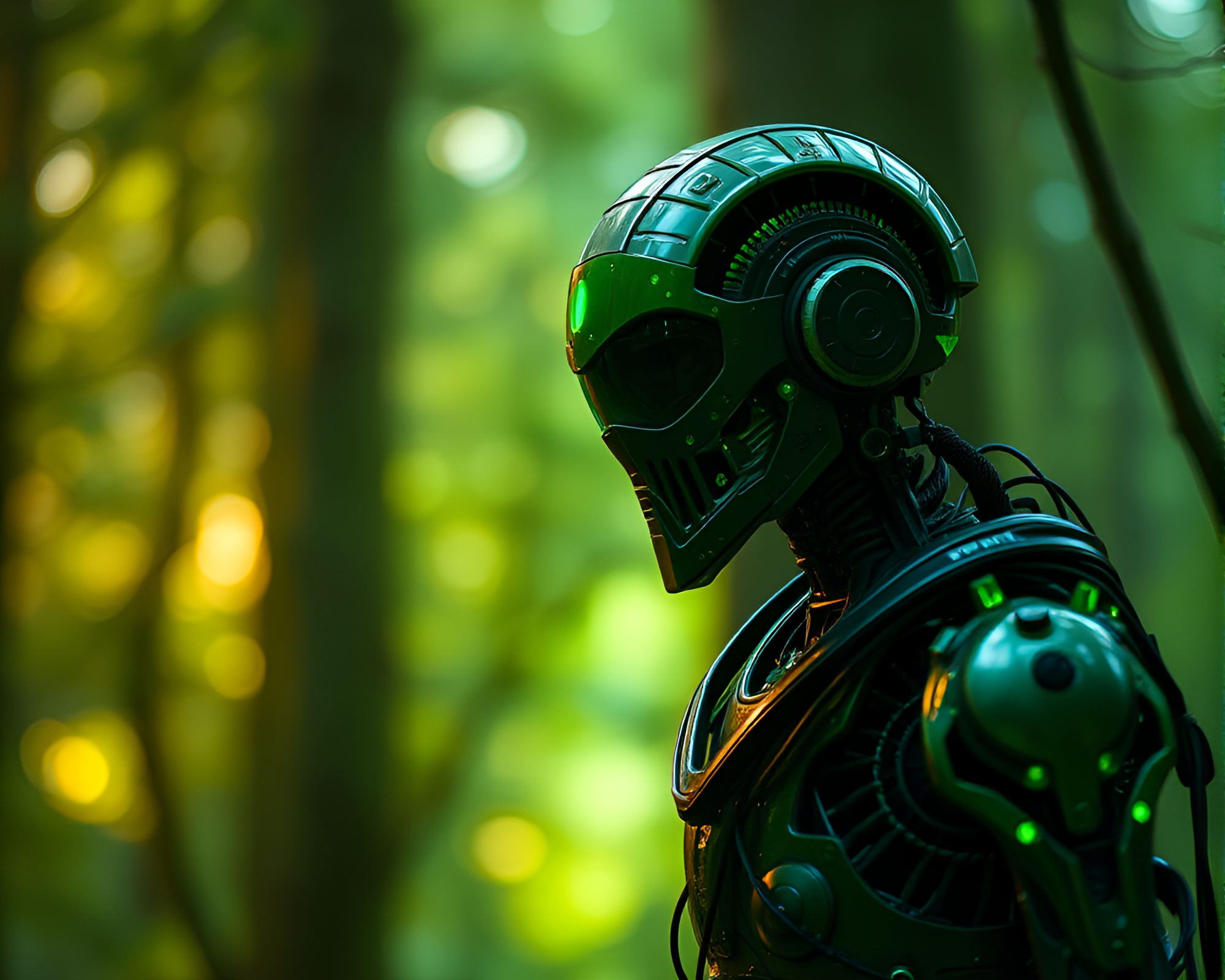 Enchanted Cyborg Guardian in Lush Green Forest – free AI stock image