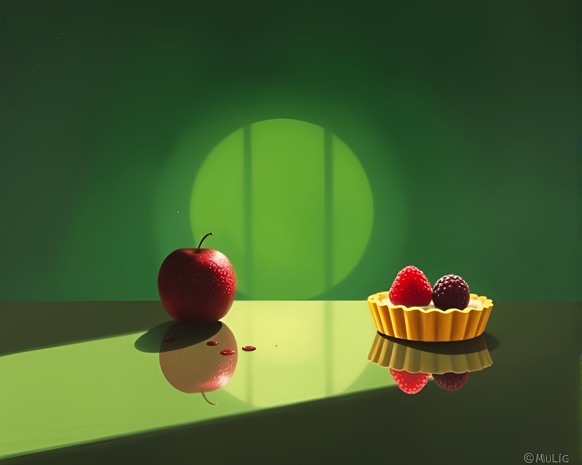 Forest-Green Fruit Tart Reflection Silhouette – free AI stock image