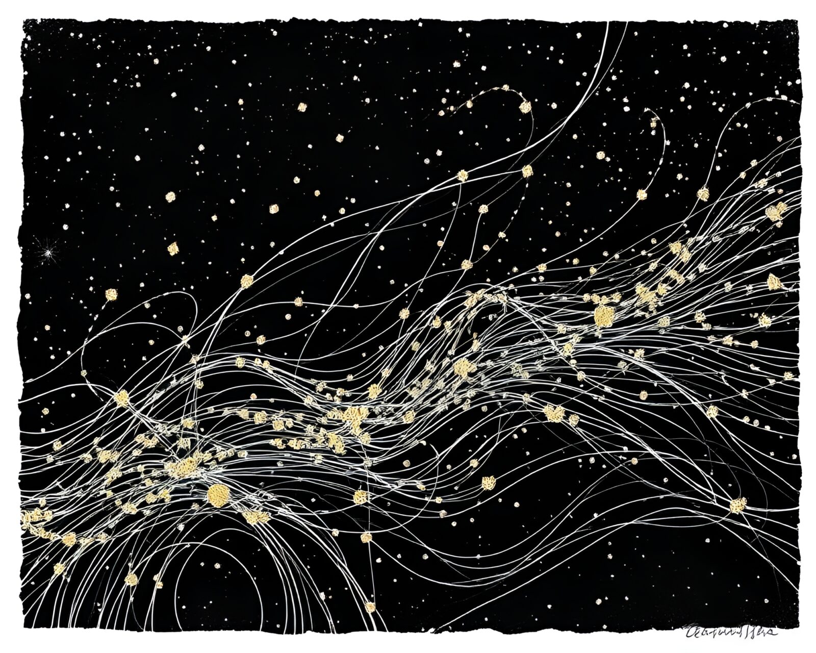Mystical ley lines glowing with metallic flakes in woodcut style
