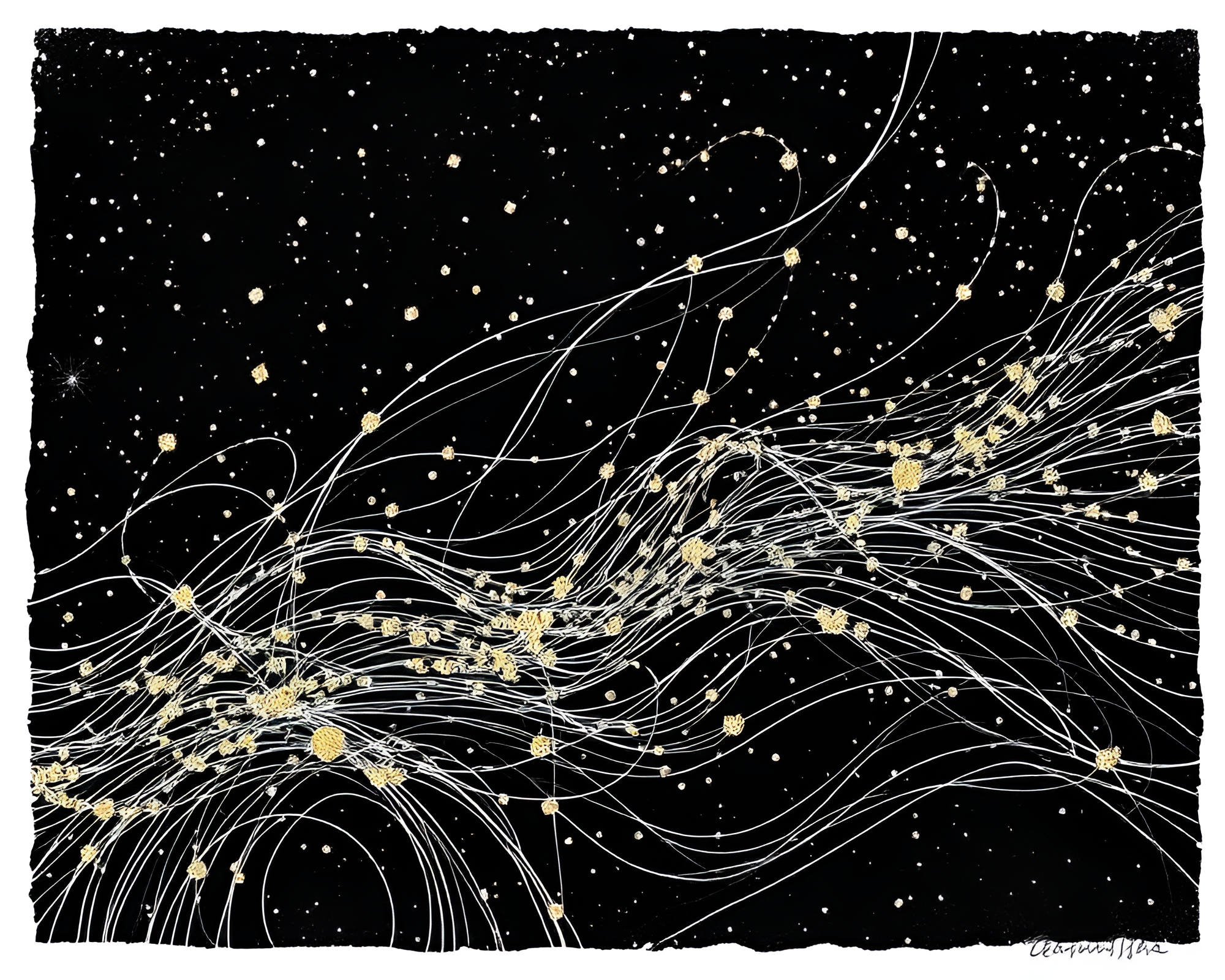 Ethereal Ley Lines with Metallic Flakes Woodcut Print – free AI stock image