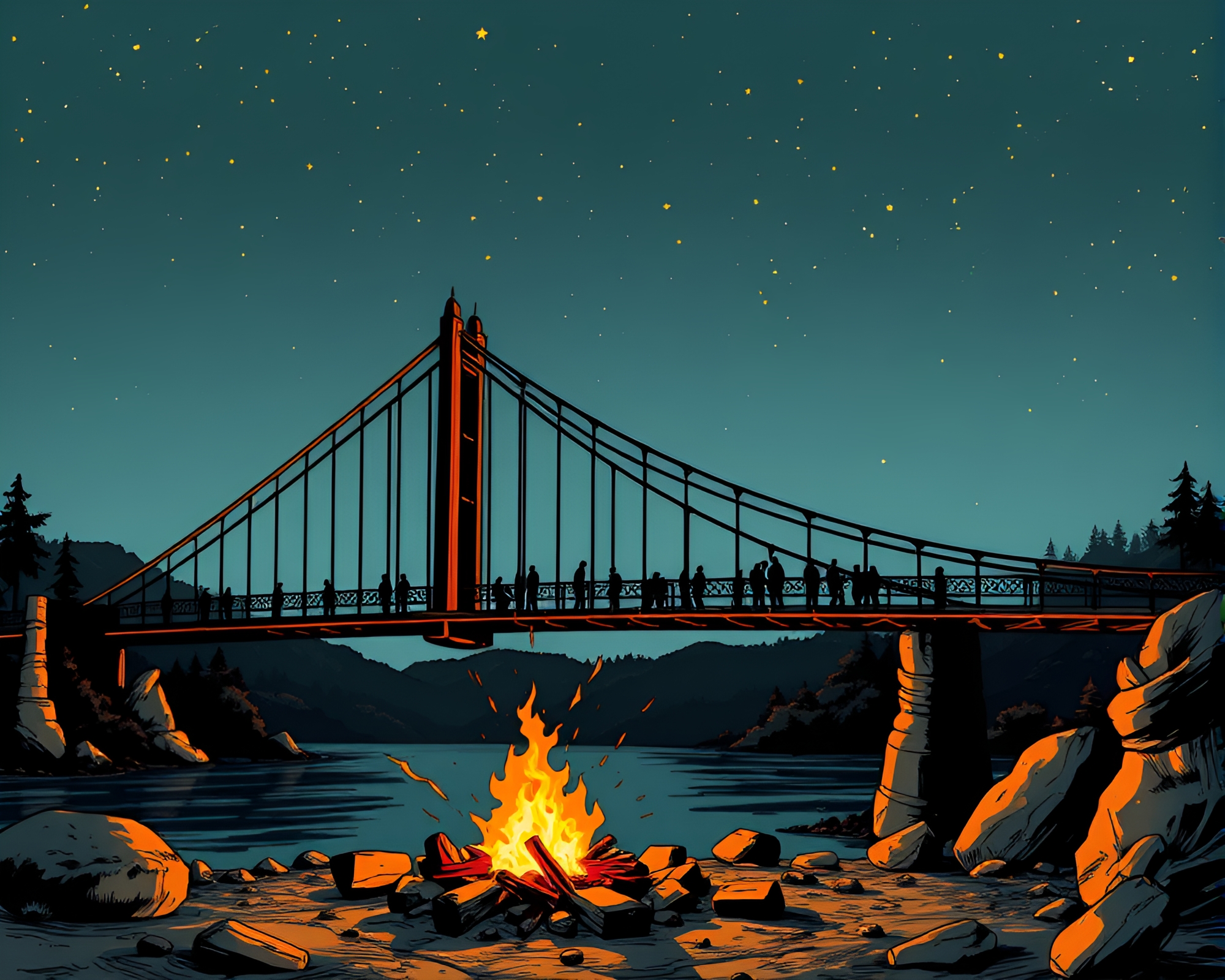 Shadow Puppet Show on Fiery Suspension Bridge – free AI stock image