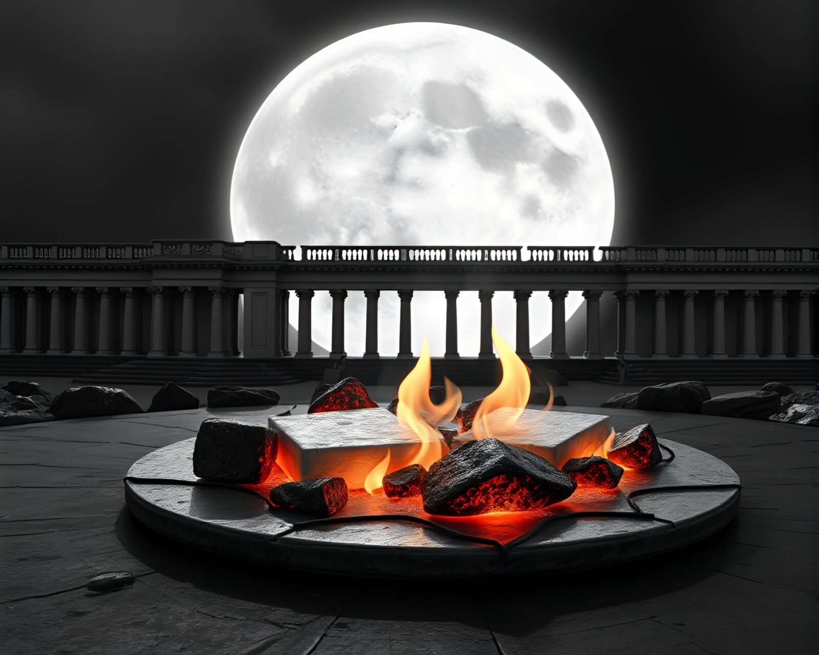 Architectural rendering of floating embers on moonlit cheese platter
