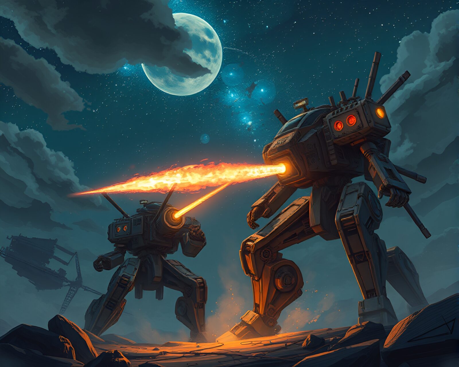 Majestic steampunk robot under starlit sky in studio shot